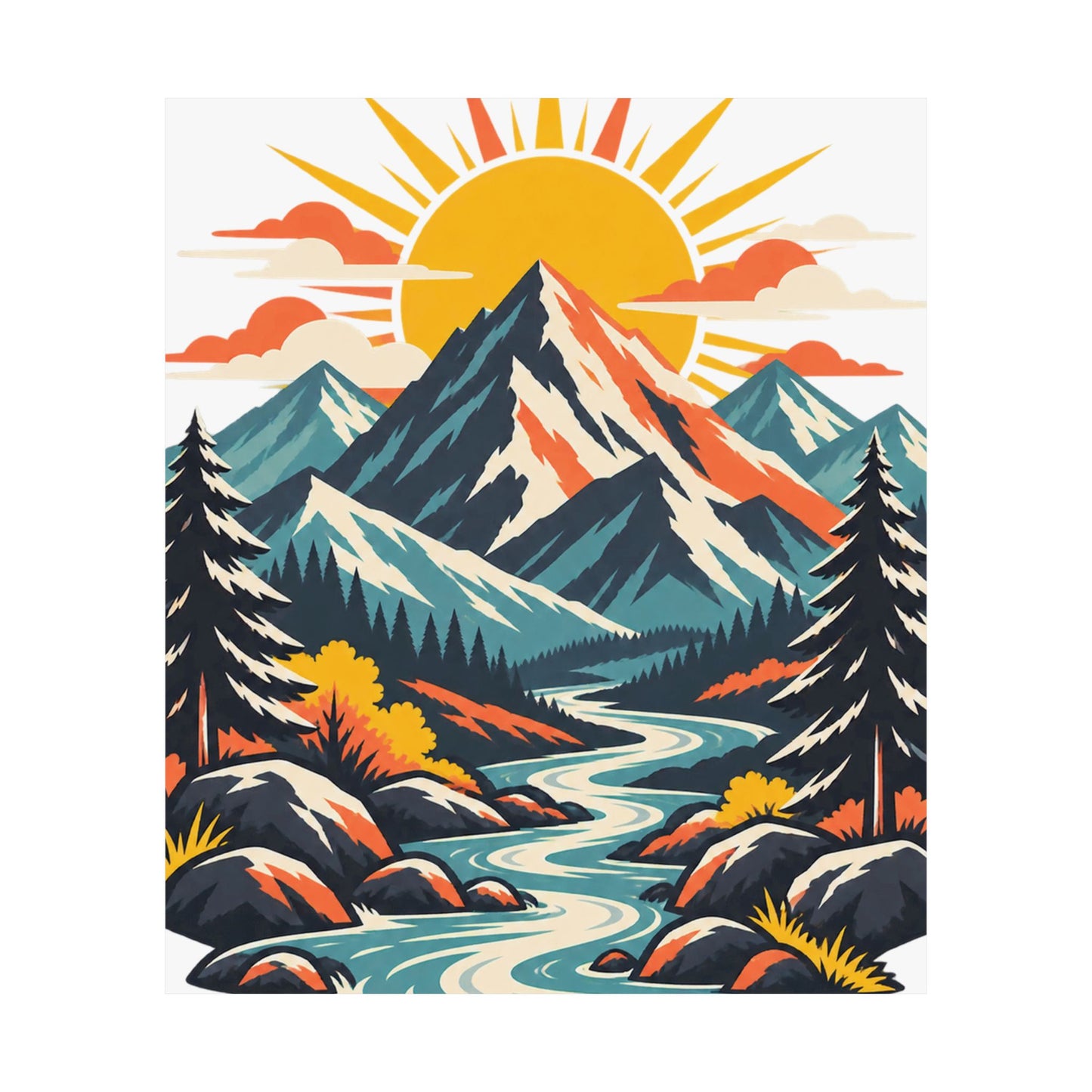 Alpine Sunrise River Mountain Adventure Art Poster