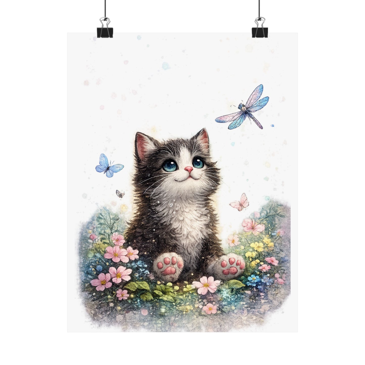 Whimsical Kitten Butterfly Garden Art Poster