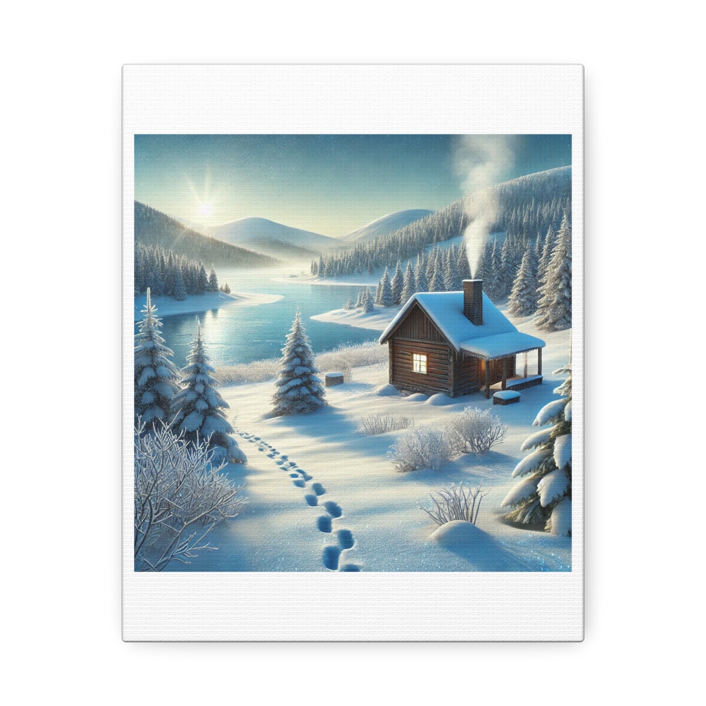 Snowy Cabin Winter Lake Landscape Art Canvas