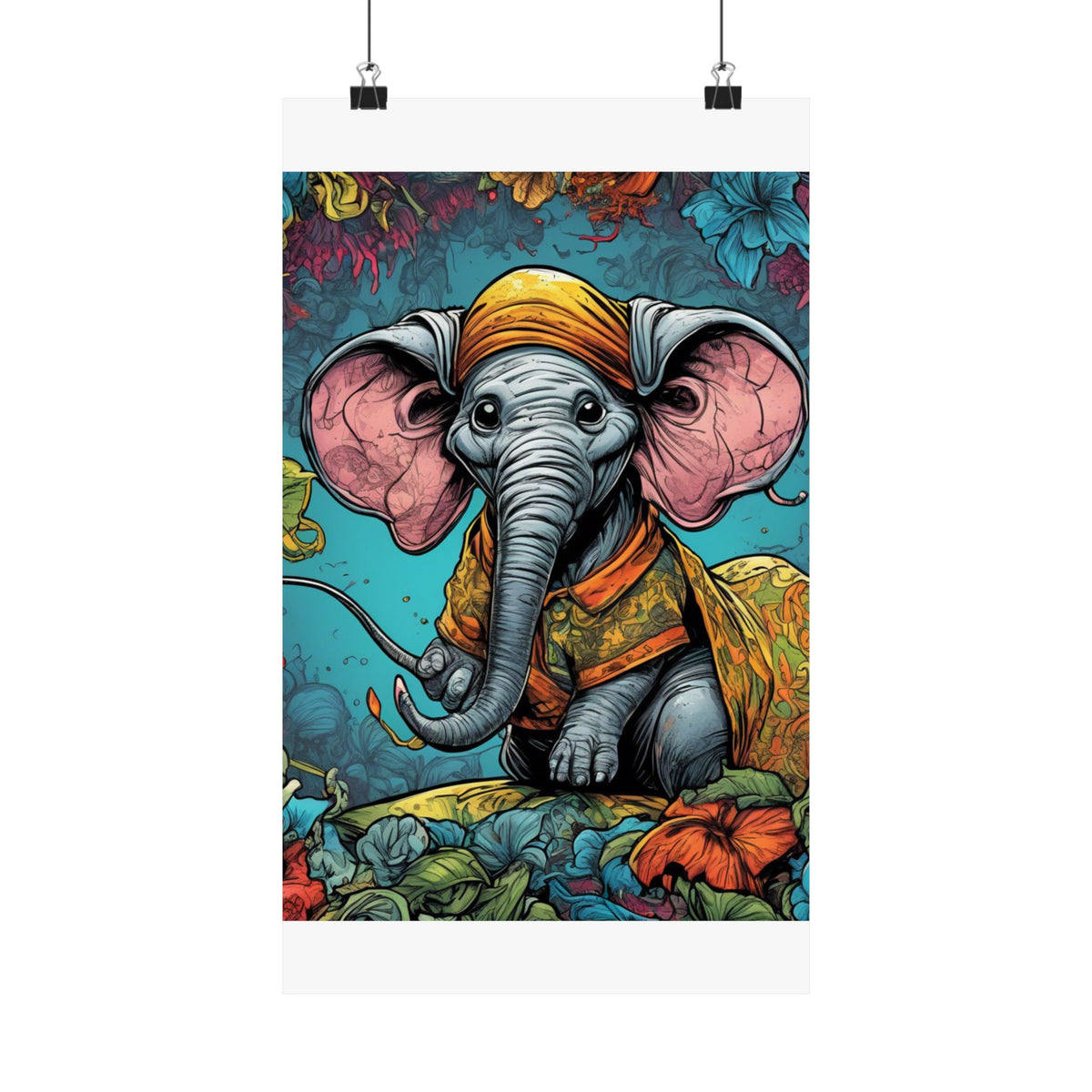 Colorful Storybook Elephant Floral Garden Wall Art Poster