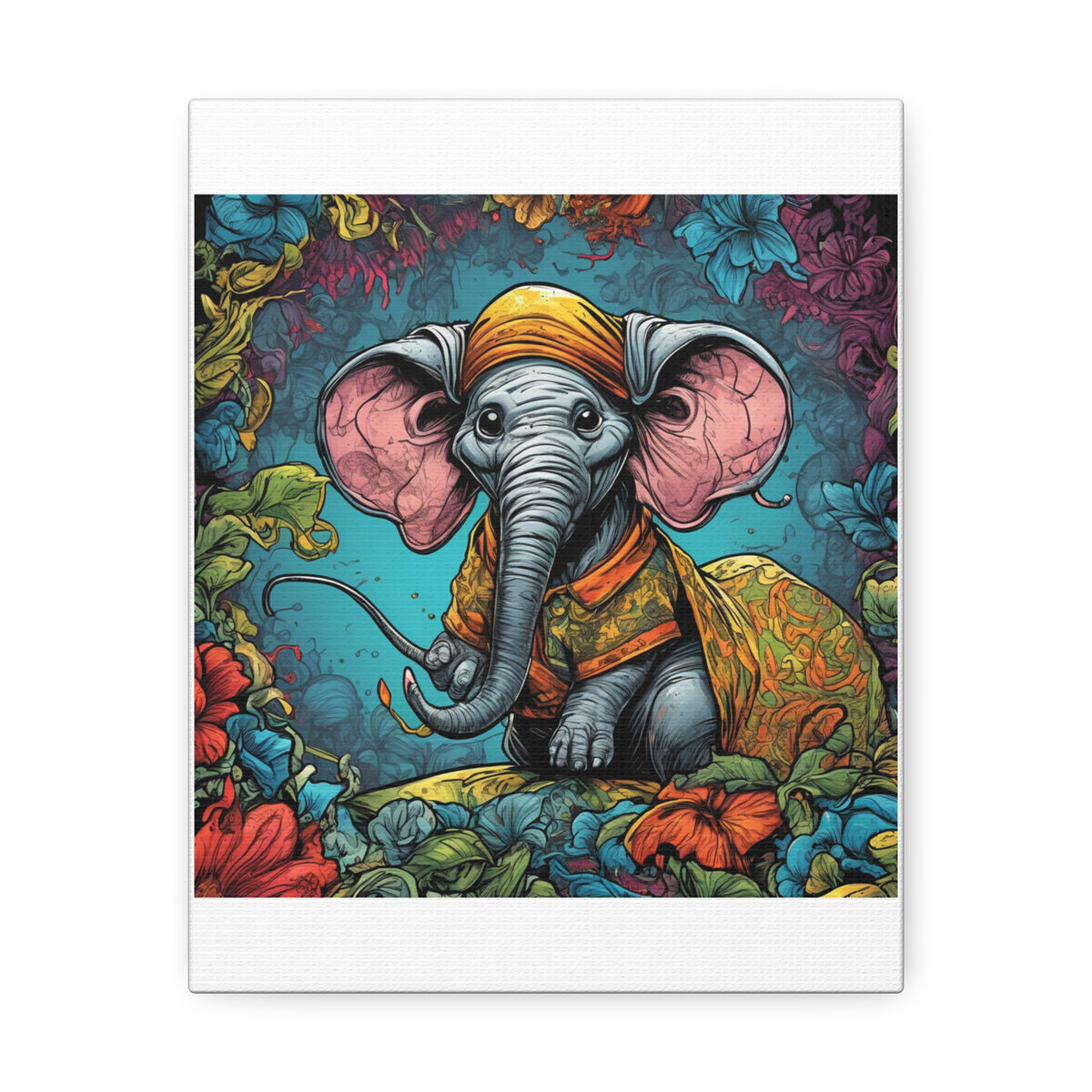 Colorful Storybook Elephant Floral Garden Canvas Wall Art