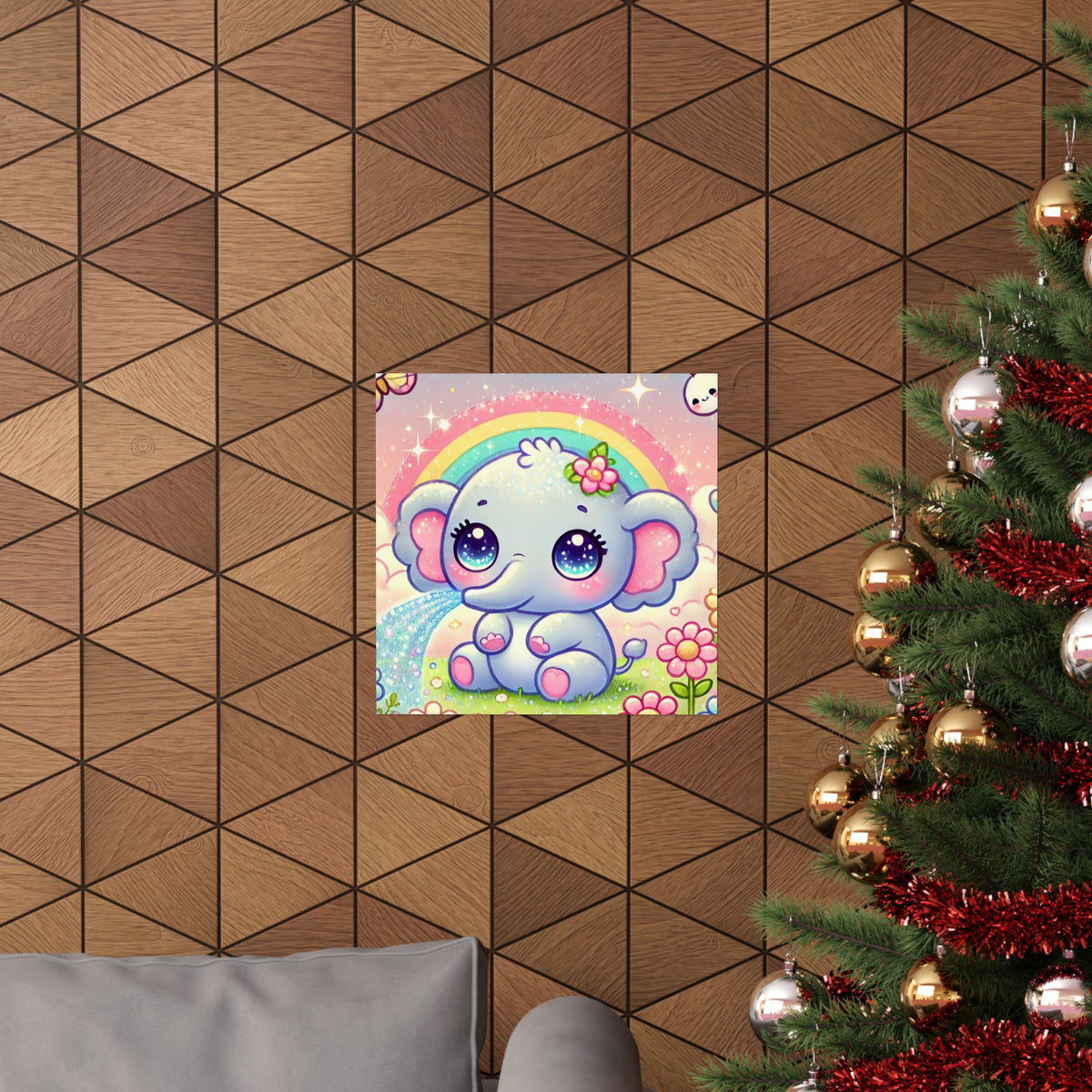 Pastel Rainbow Baby Elephant Floral Wall Art Poster