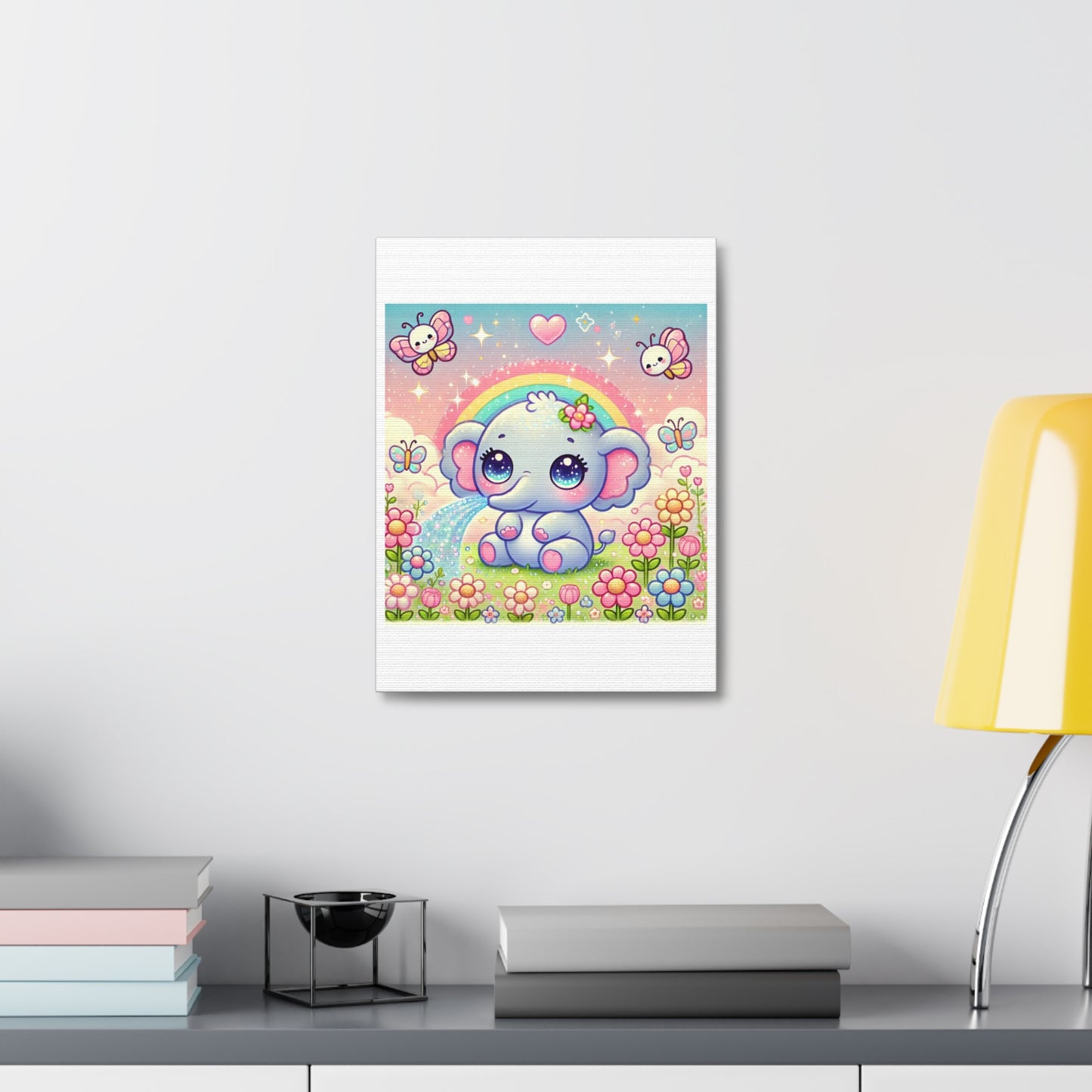 Pastel Rainbow Baby Elephant Floral Canvas Wall Art
