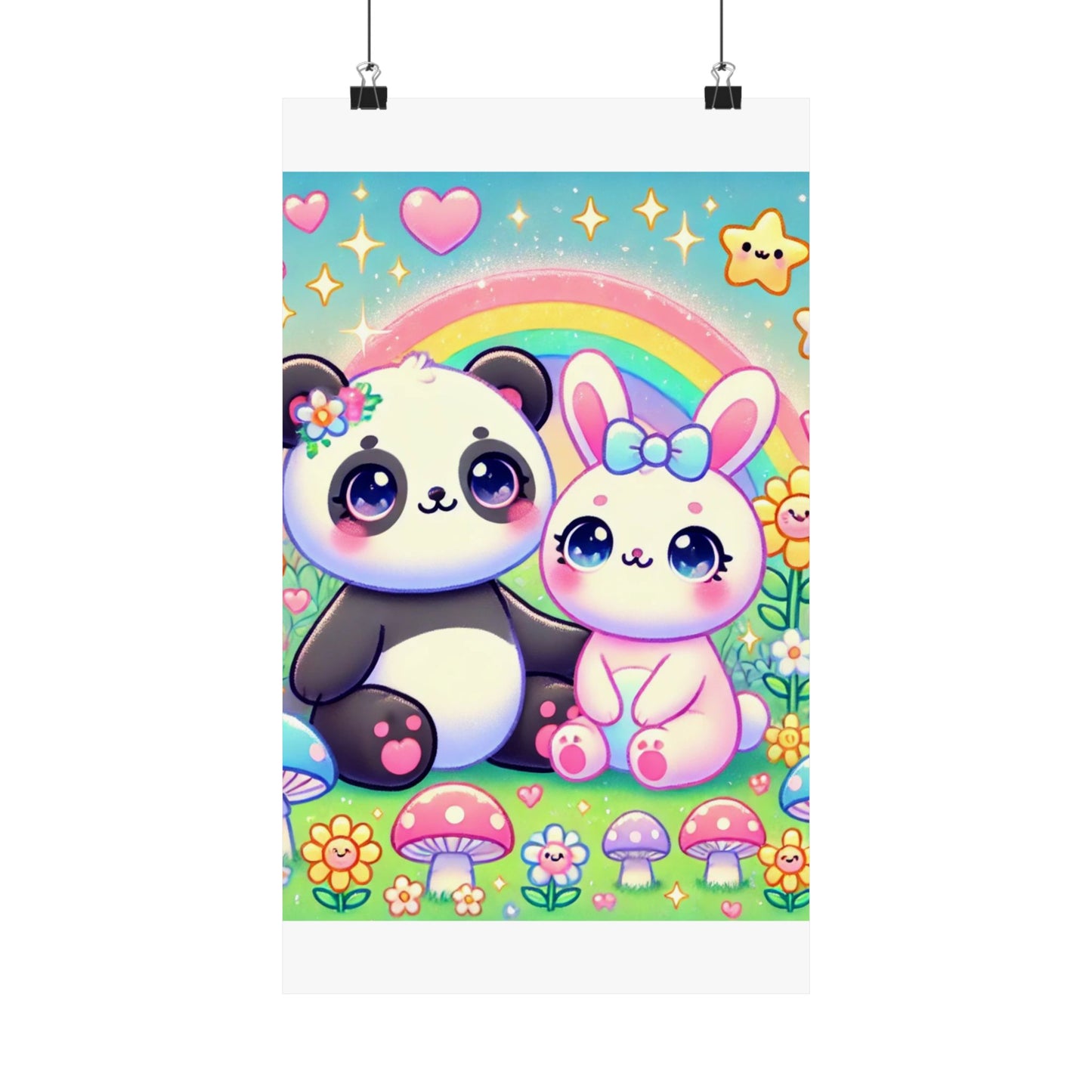 Pastel Panda and Bunny Rainbow Garden Wall Art Poster