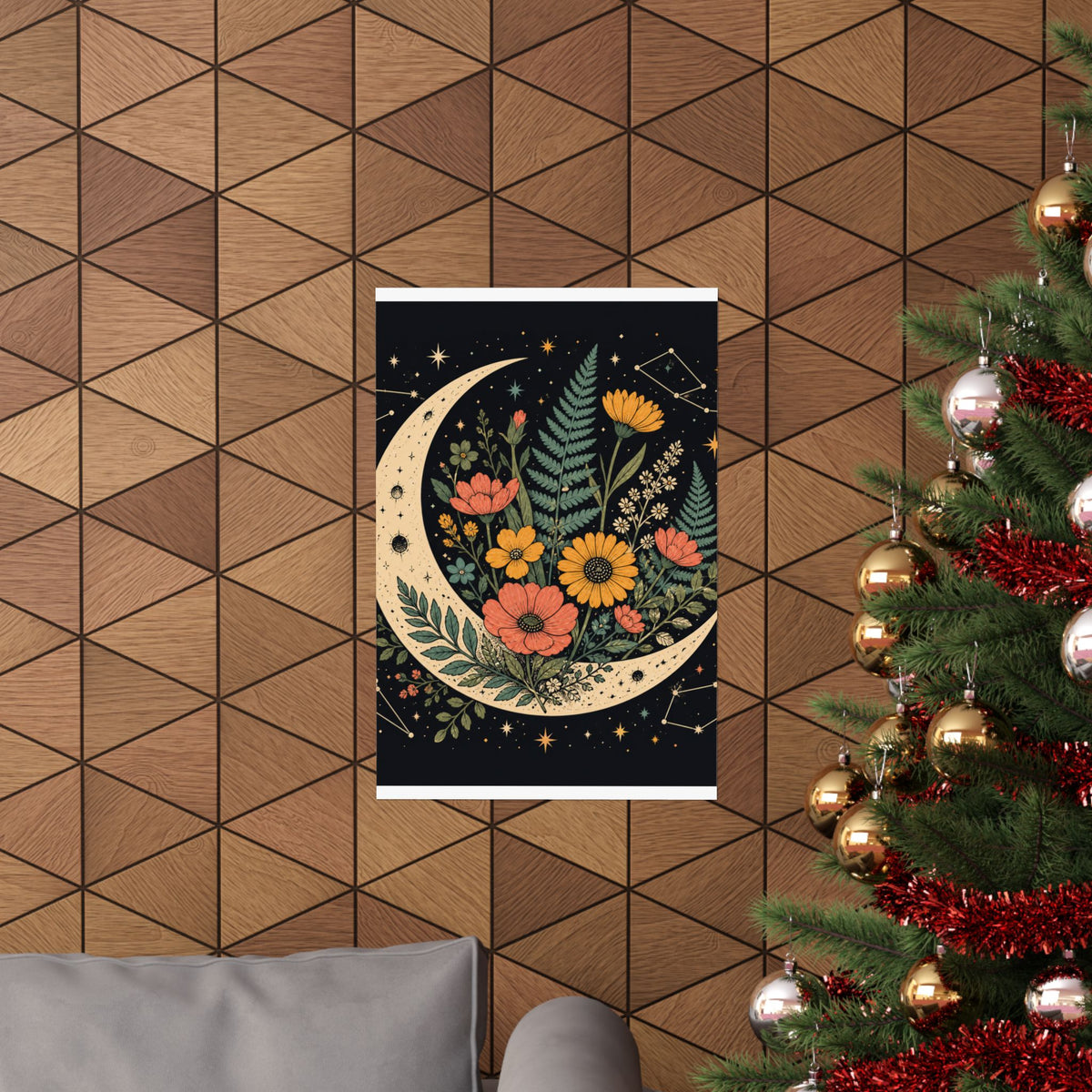 Celestial Wildflower Crescent Moon Botanical Art Poster