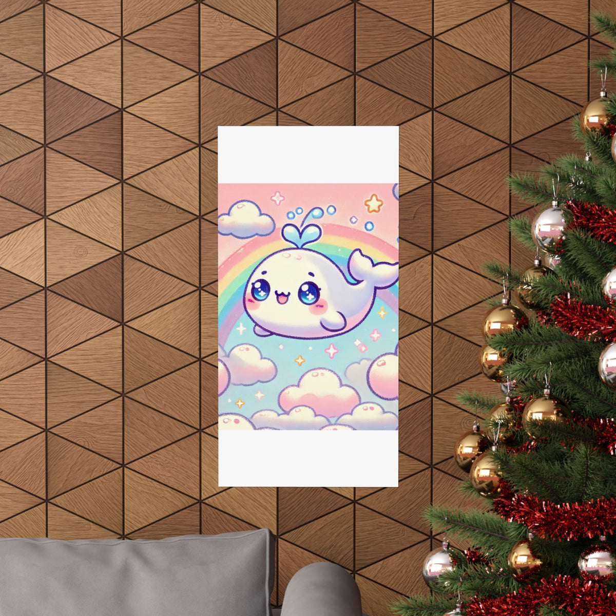 Kawaii Rainbow Whale Pastel Cloud Wall Art Poster