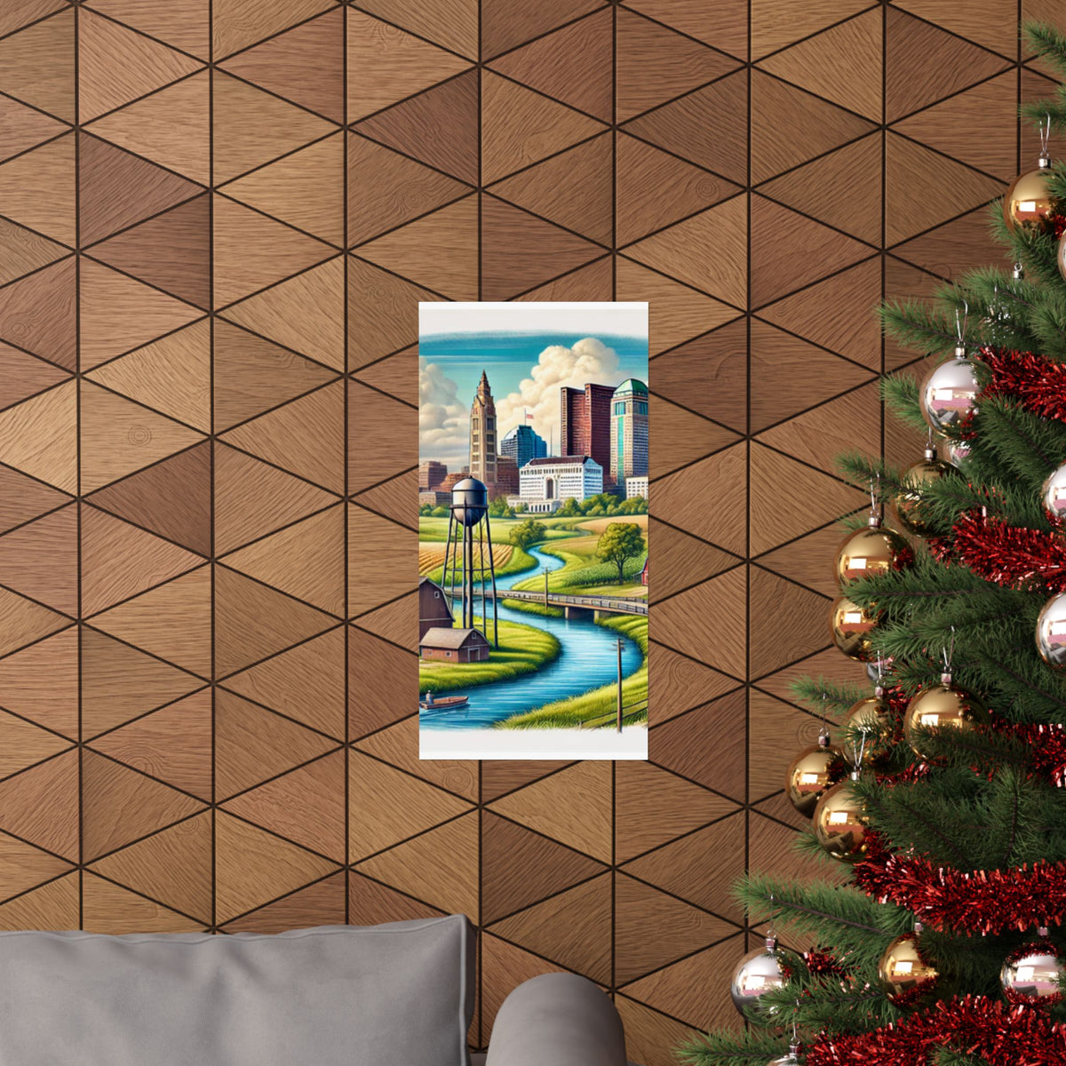 Rural River City Skyline Hometown Landscape Poster Art