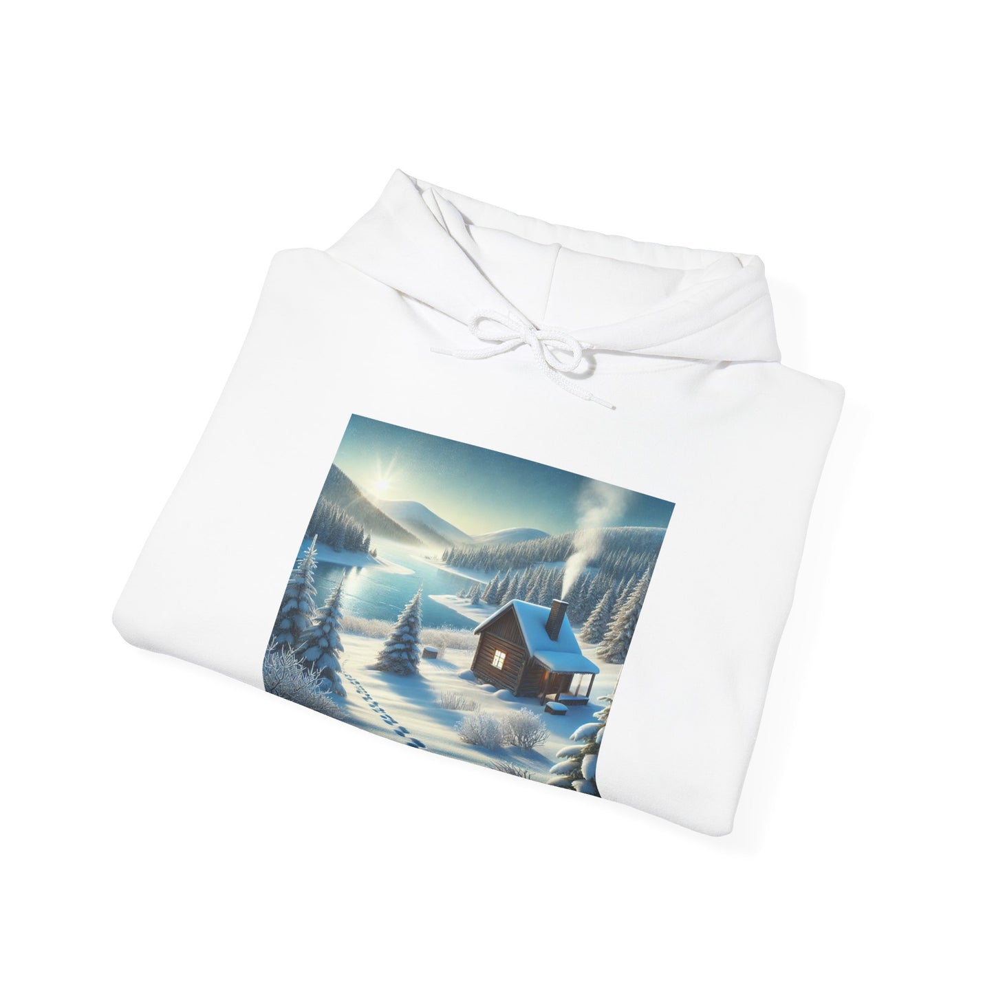 Snowy Cabin Winter Lake Landscape Art Hoodie