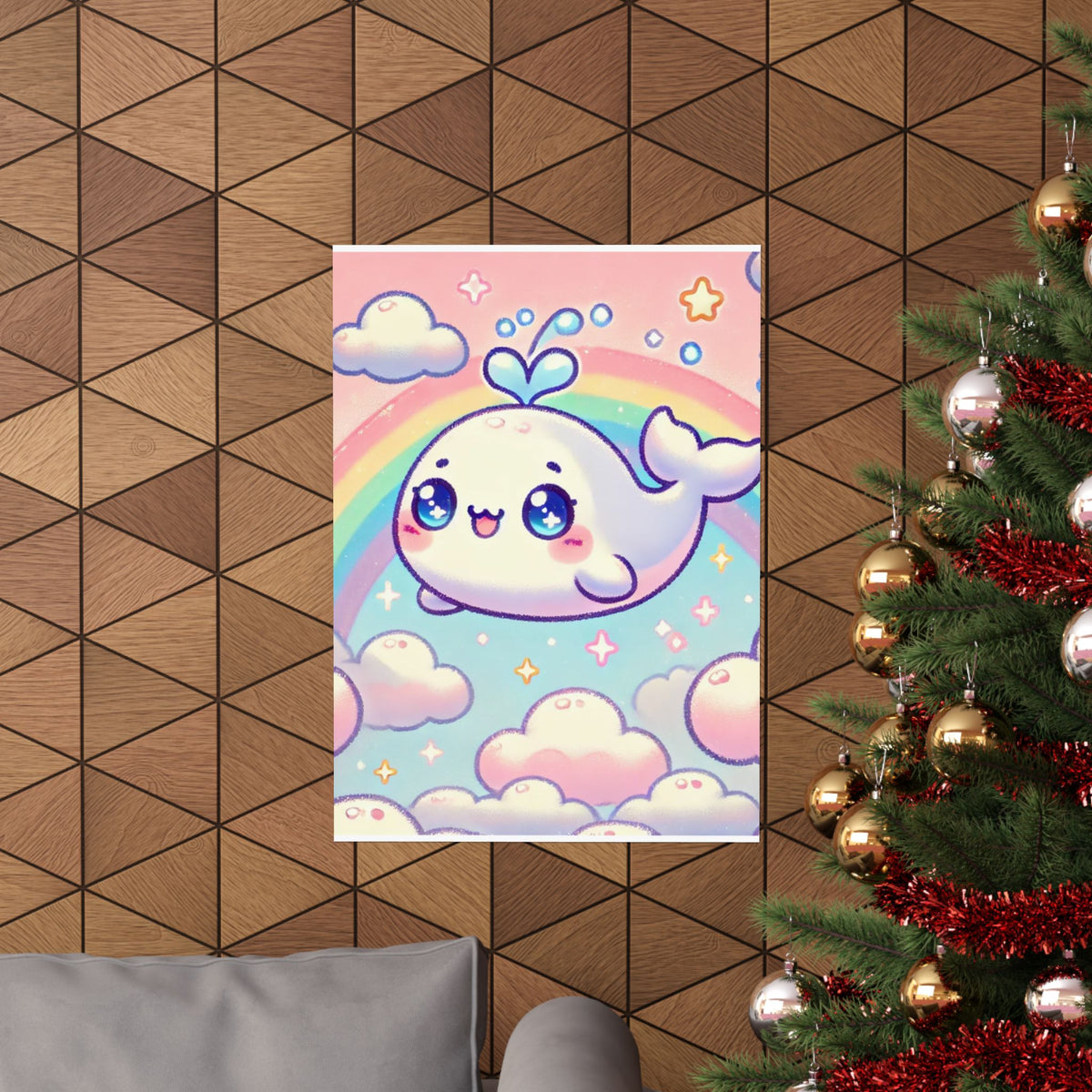 Kawaii Rainbow Whale Pastel Cloud Wall Art Poster
