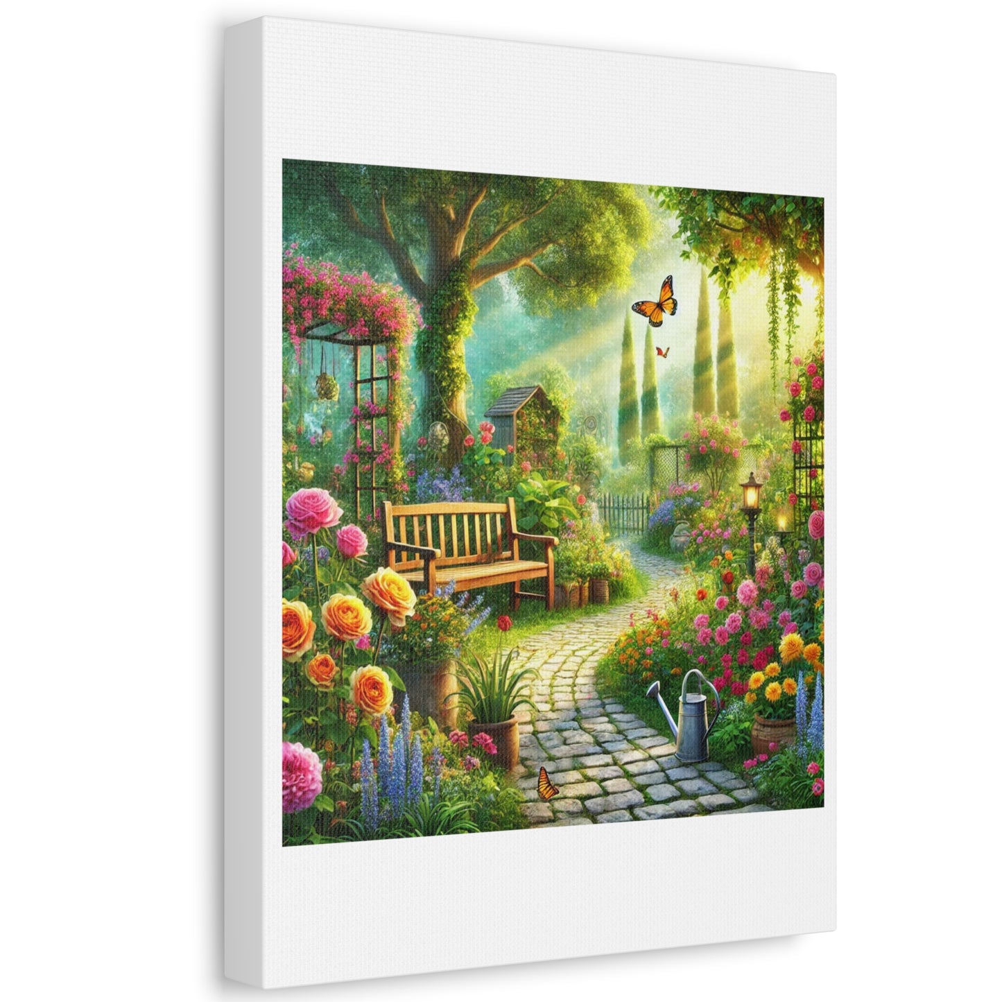 Sunlit Spring Flower Garden Bench Canvas