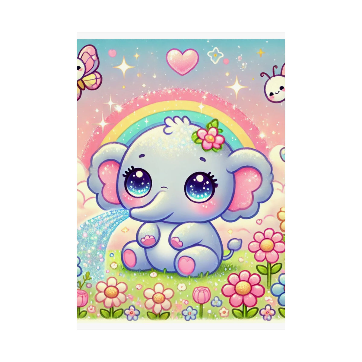 Pastel Rainbow Baby Elephant Floral Wall Art Poster