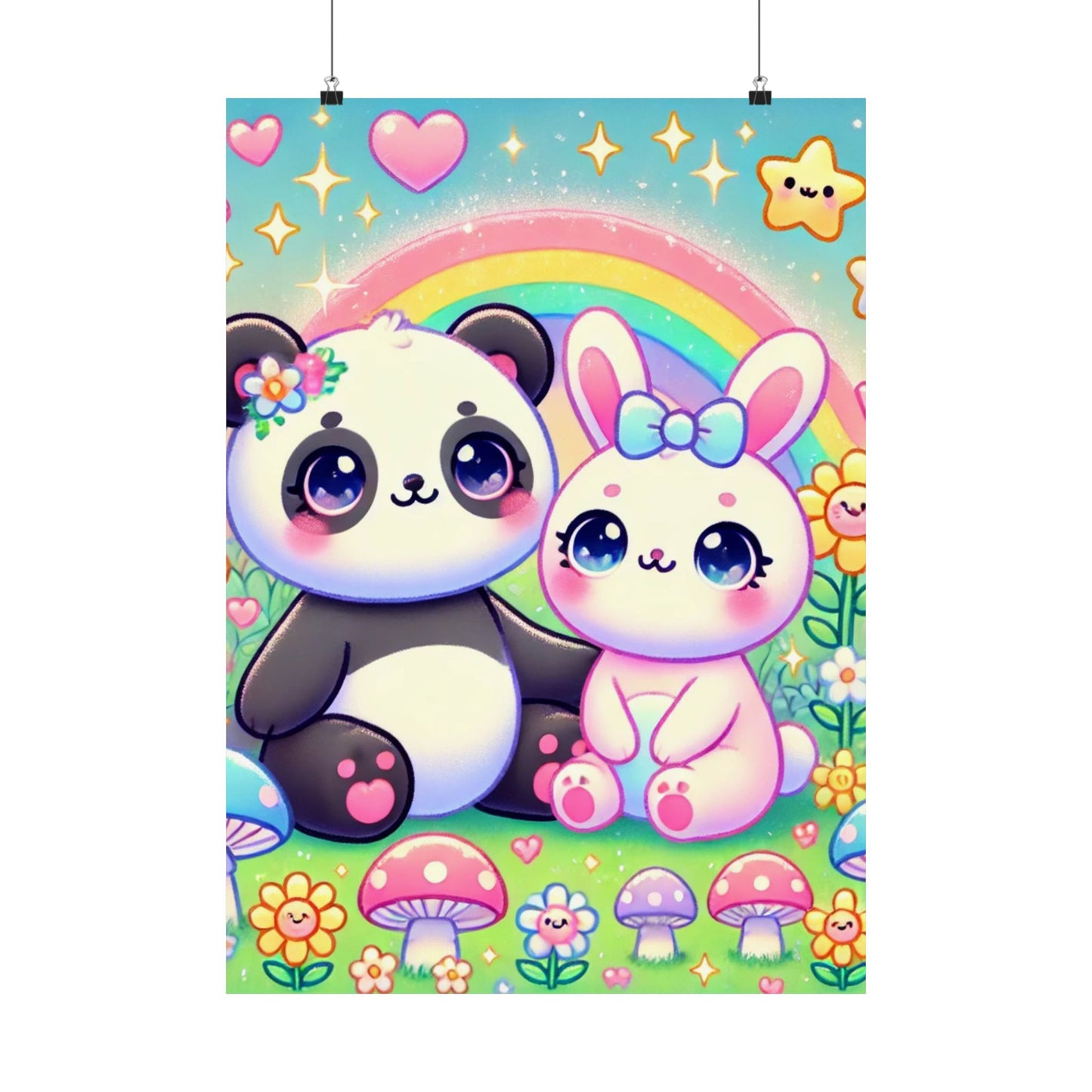 Pastel Panda and Bunny Rainbow Garden Wall Art Poster