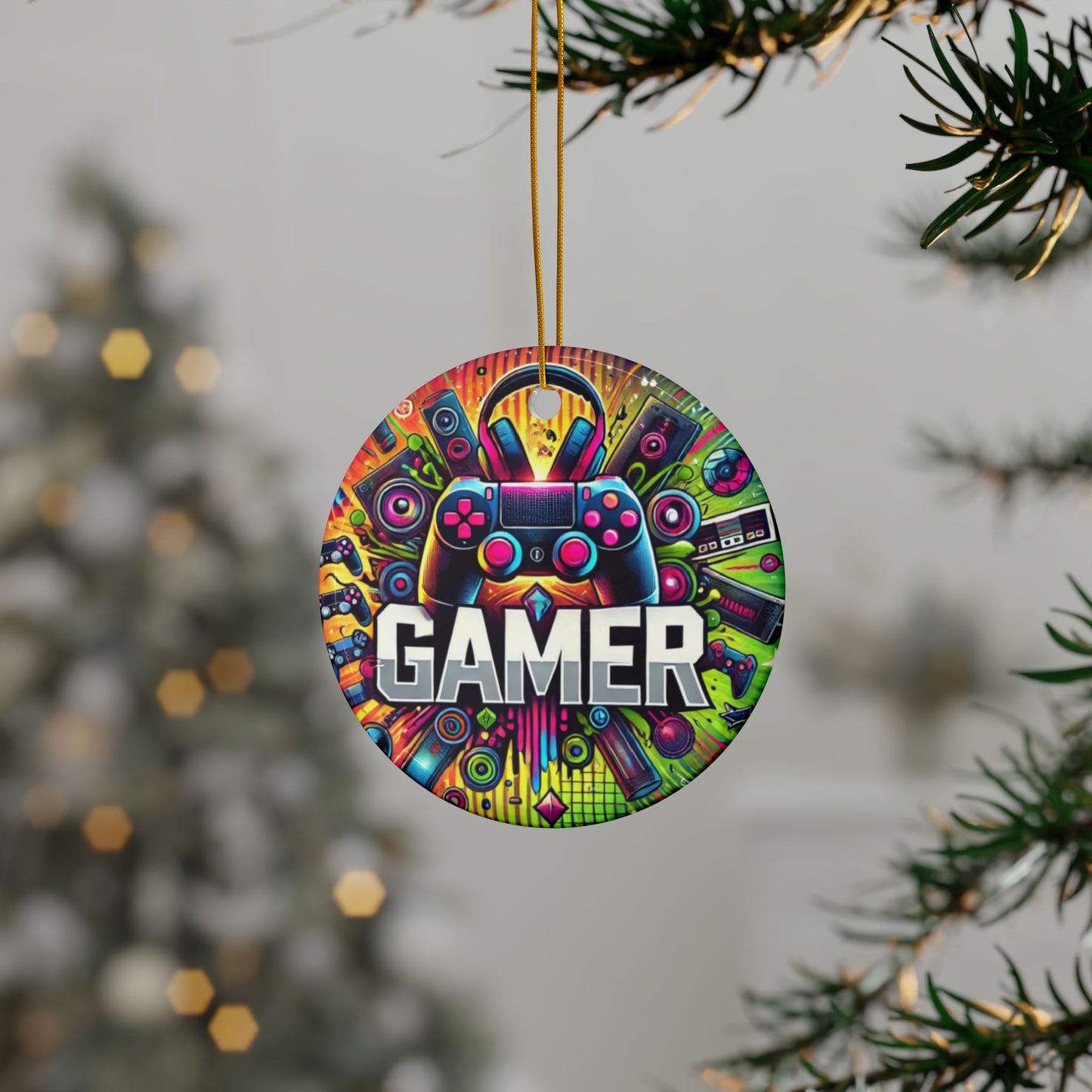 Neon Gamer Energy Ceramic Ornament, Holiday Keepsake and Gift