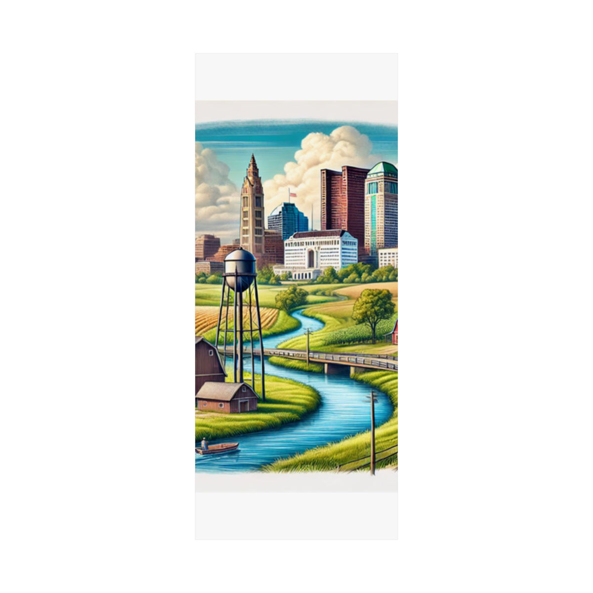 Rural River City Skyline Hometown Landscape Poster Art