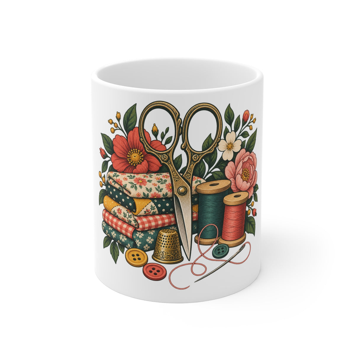 Retro Sewing Scissors Thread and Floral Art Mug