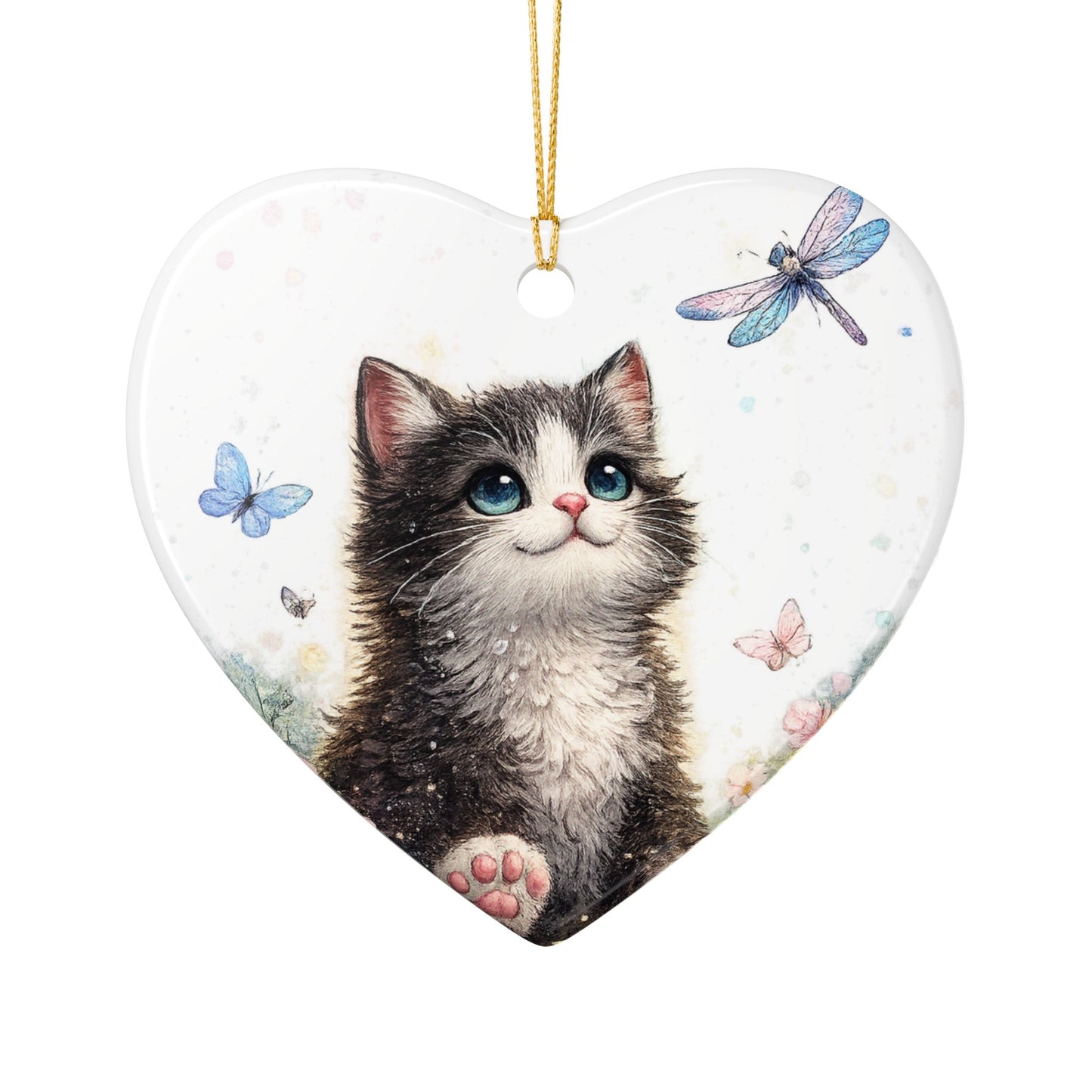 Whimsical Kitten Butterfly Garden Art Ceramic Ornament, Holiday Keepsake and Gif