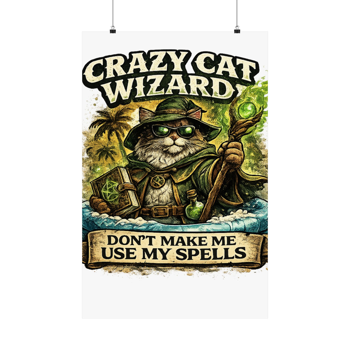 Crazy Cat Wizard Funny Fantasy Magic Art Poster