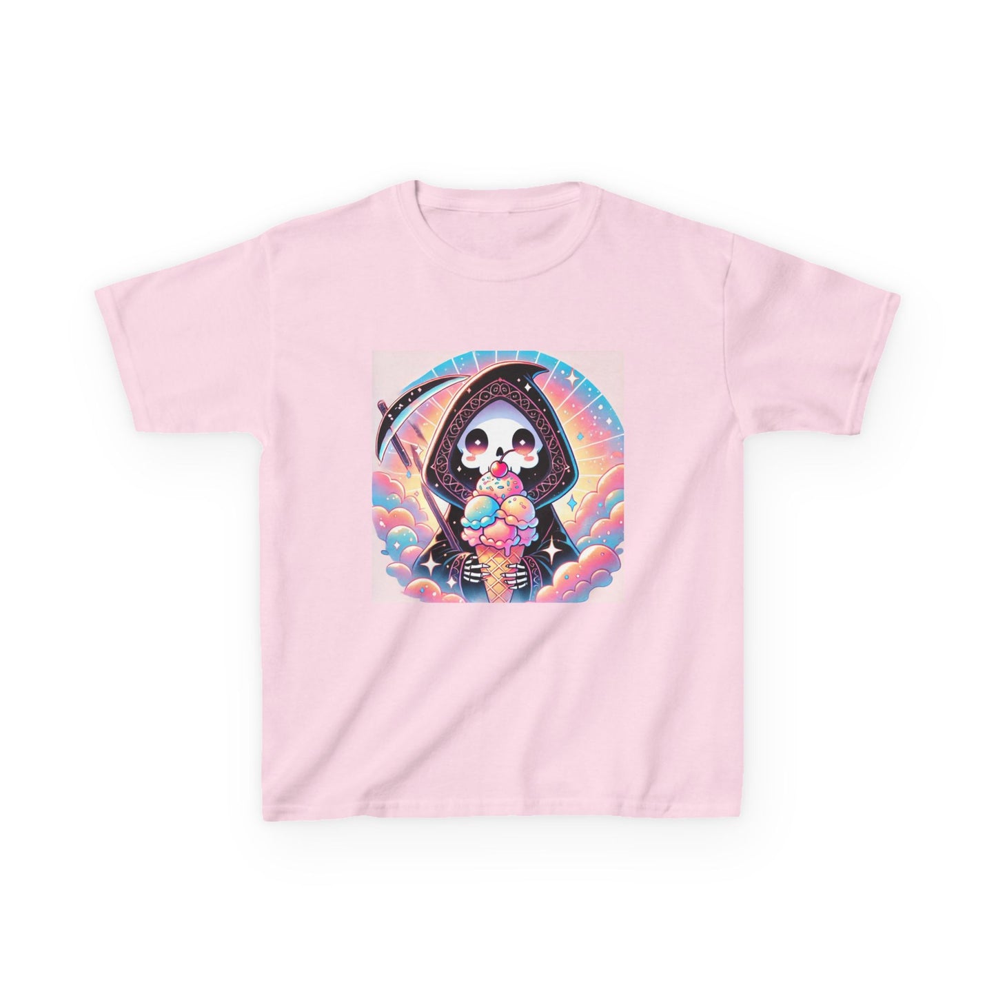 Grim Reaper Ice Cream Kawaii Anime Kids Short Sleeve Tee - Cute & Stylish Graphic T-Shirt - Fun Gift for Boys Girls!