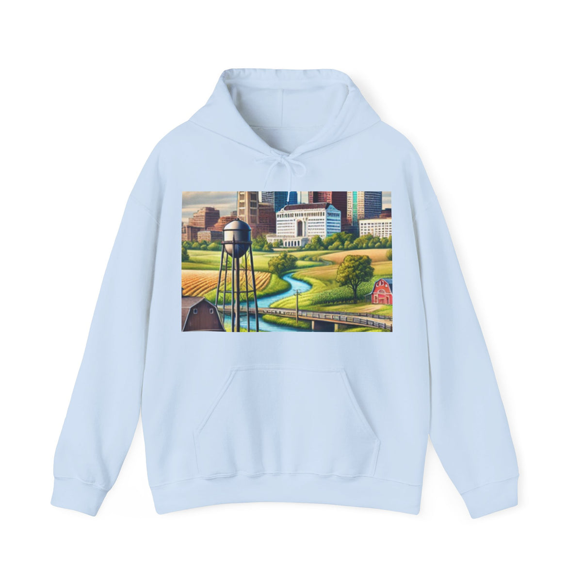 Rural River City Skyline Hometown Landscape Cozy Hoodie