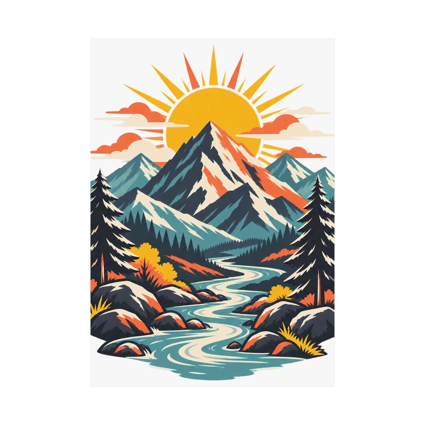 Alpine Sunrise River Mountain Adventure Art Poster