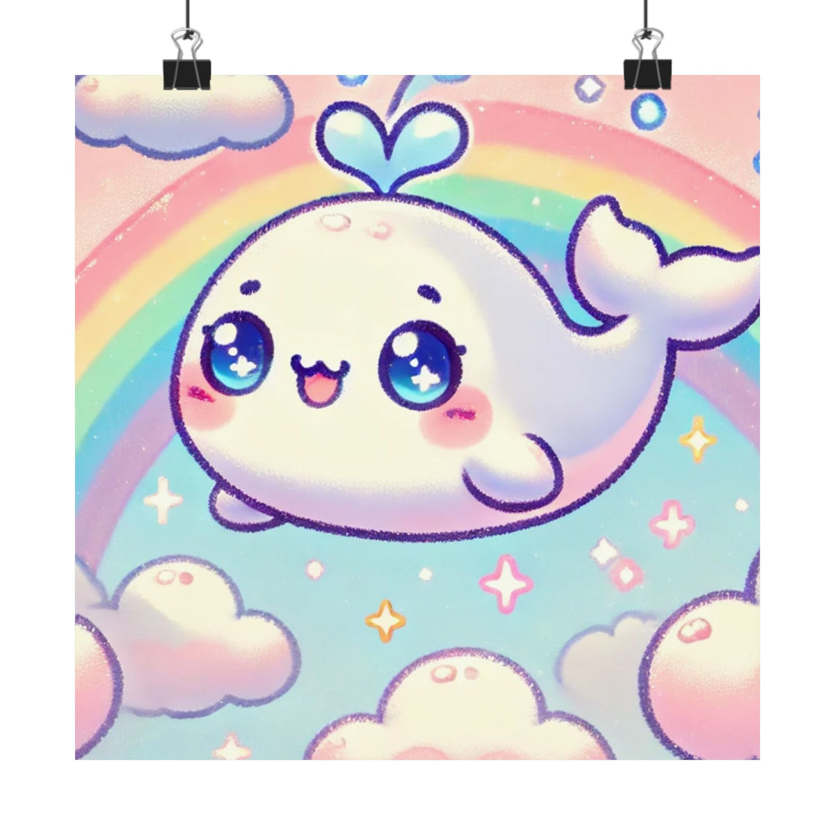 Kawaii Rainbow Whale Pastel Cloud Wall Art Poster