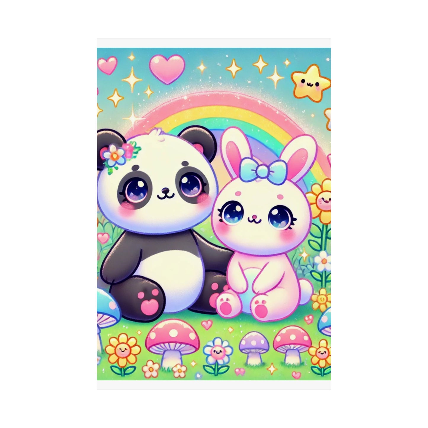 Pastel Panda and Bunny Rainbow Garden Wall Art Poster