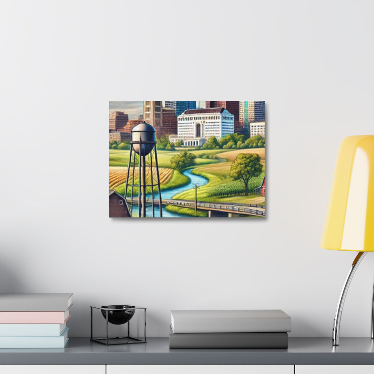 Rural River City Skyline Hometown Landscape Canvas Wall Art