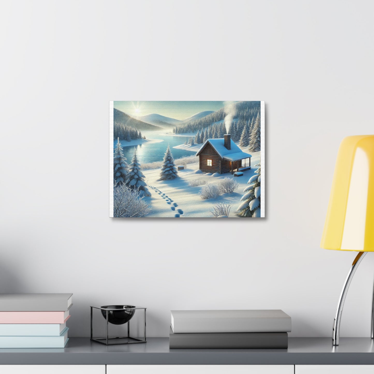 Snowy Cabin Winter Lake Landscape Art Canvas