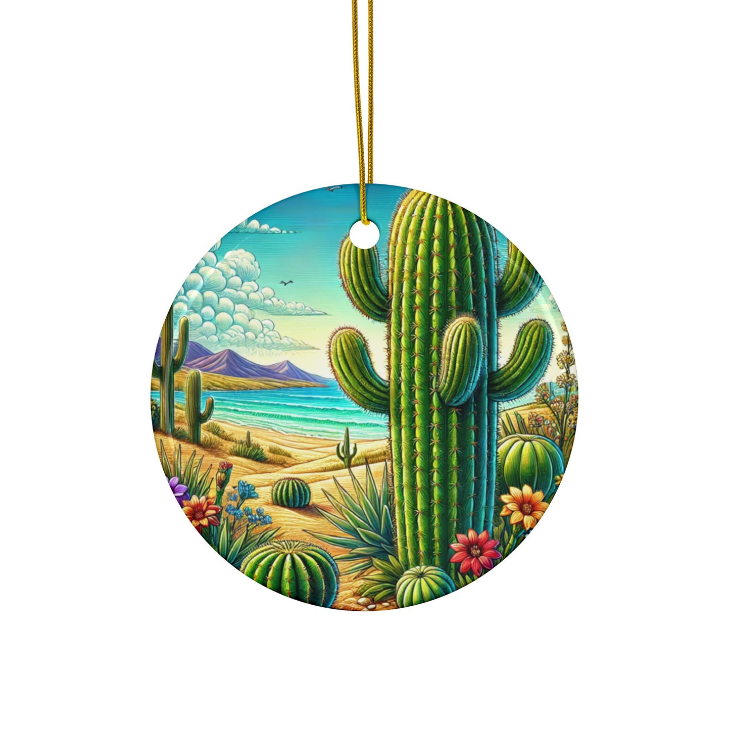 Desert Cactus Bloom Garden Ceramic Ornament, Holiday Keepsake and Gift