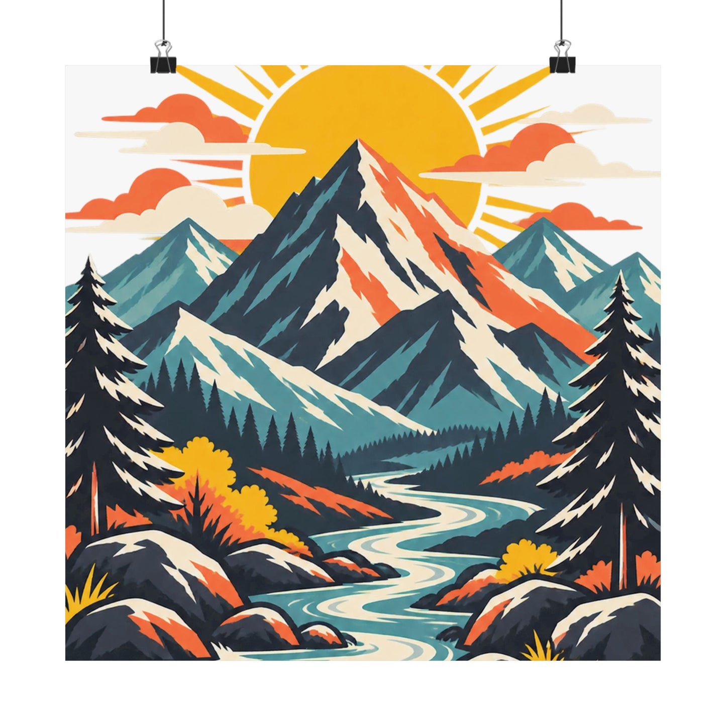 Alpine Sunrise River Mountain Adventure Art Poster