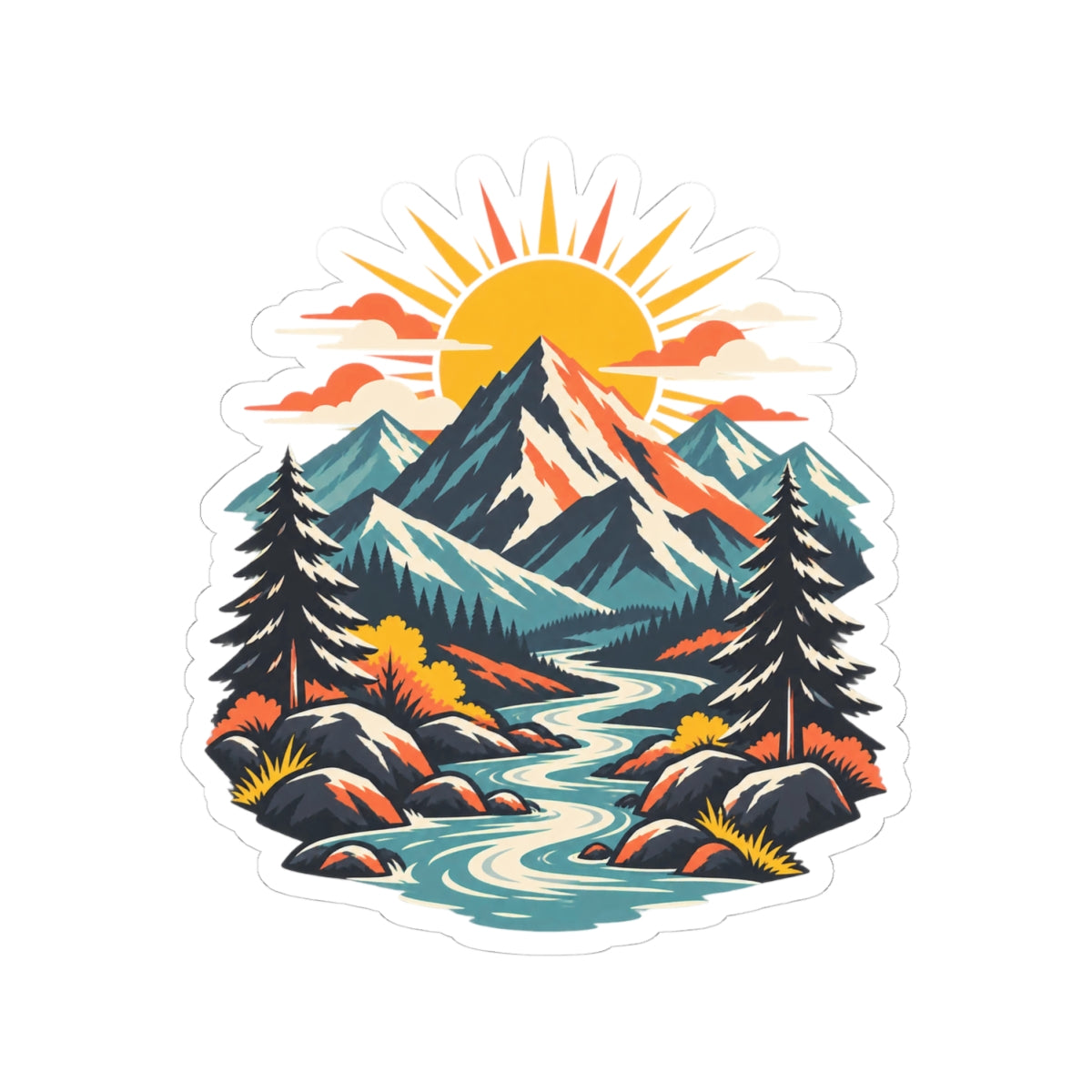 Alpine Sunrise River Mountain Adventure Art Sticker