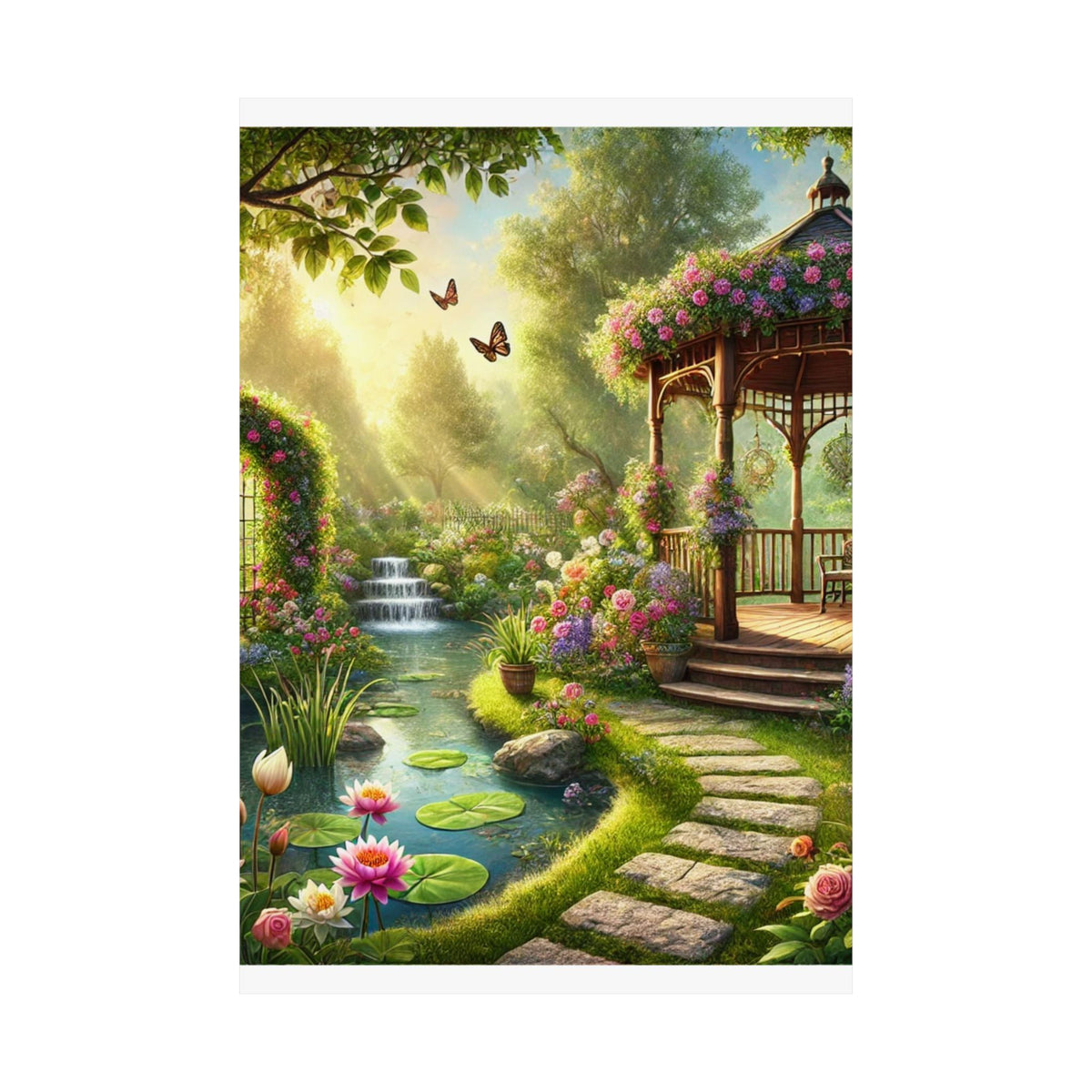 Sunlit Rose Gazebo Cottage Garden Wall Art Poster