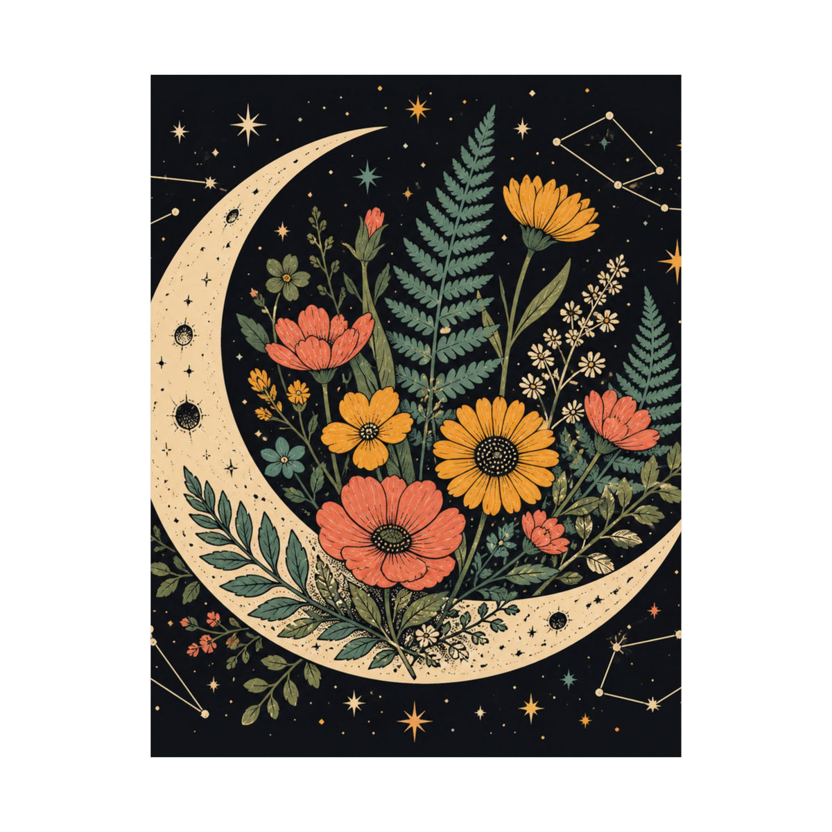 Celestial Wildflower Crescent Moon Botanical Art Poster