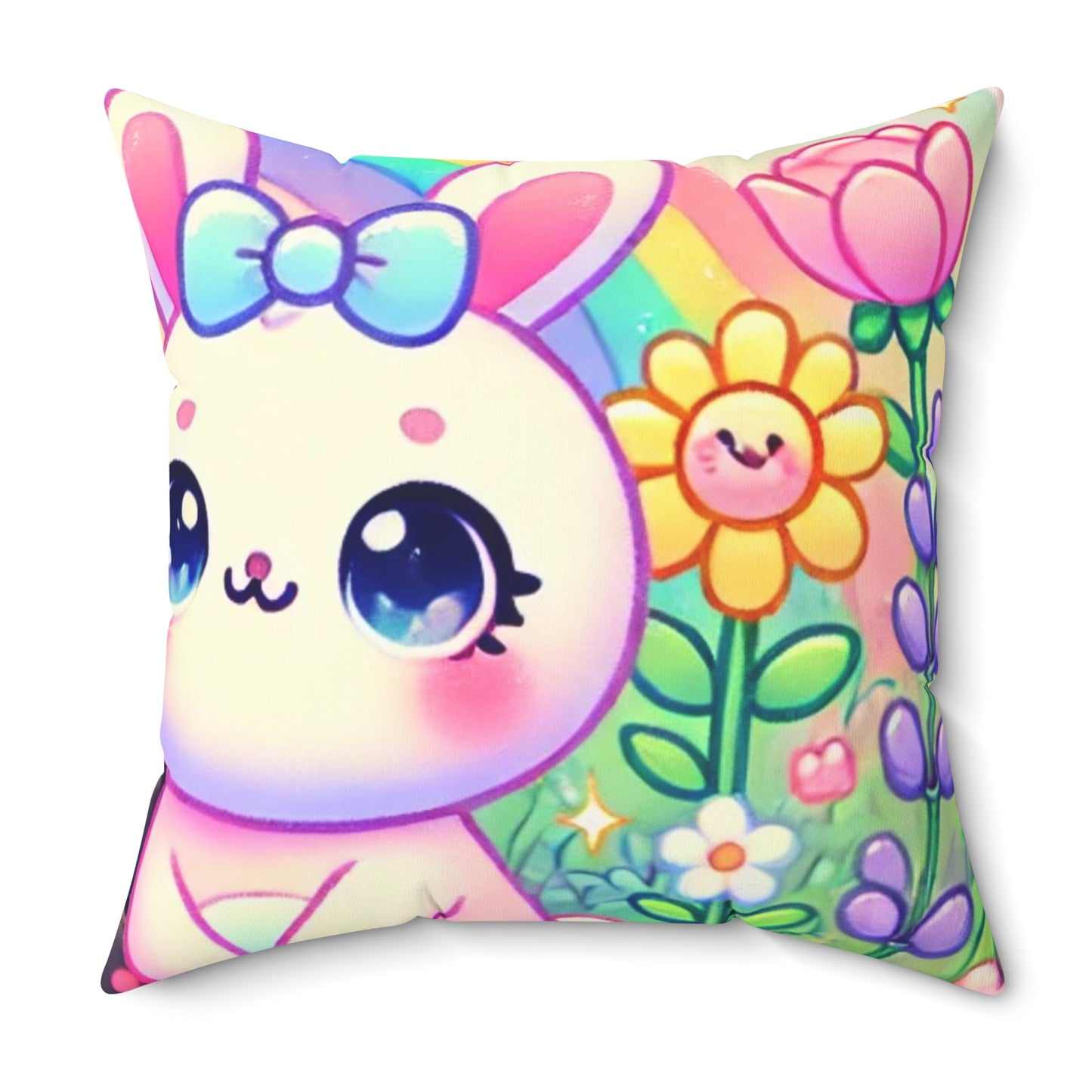 Pastel Panda and Bunny Rainbow Garden Decorative Pillow