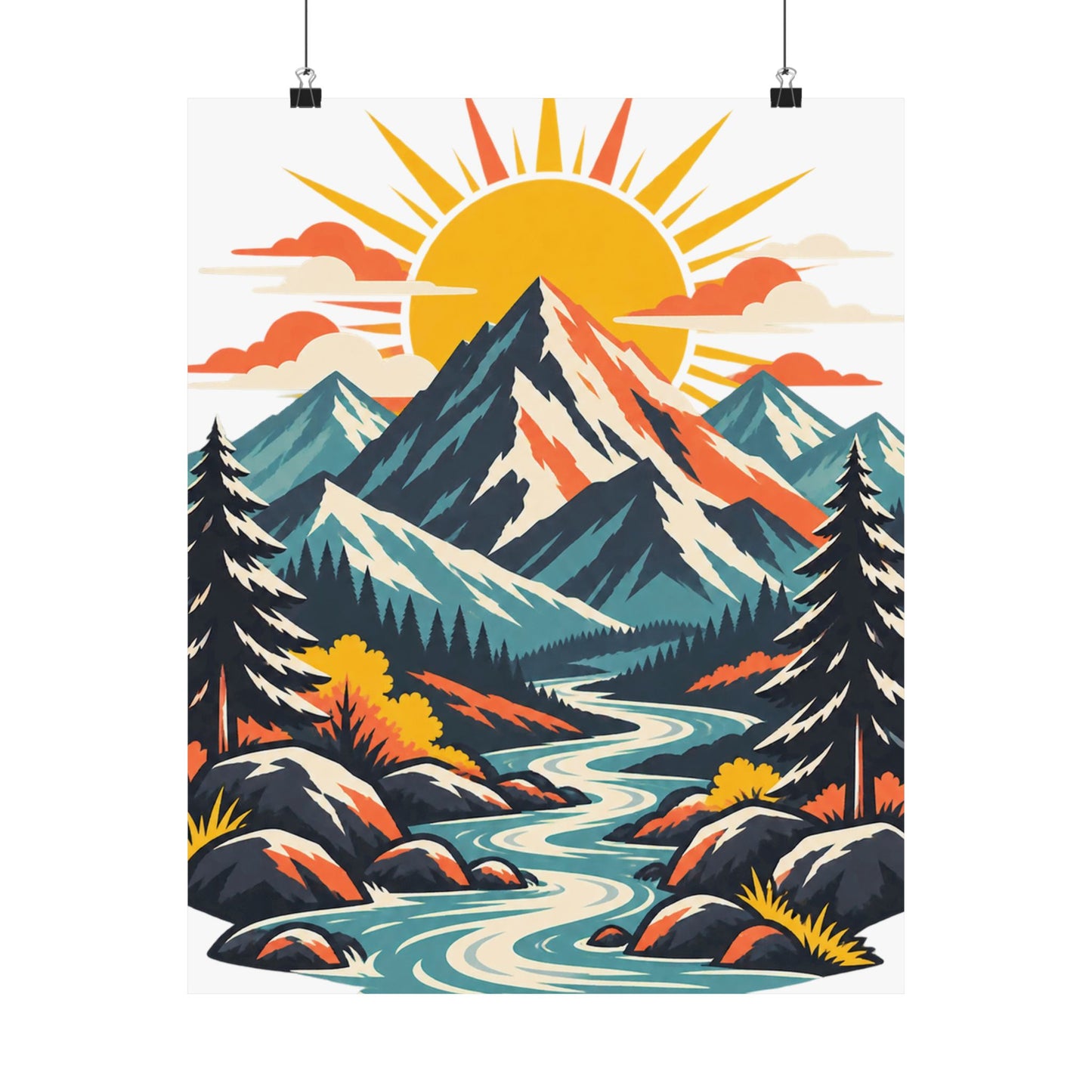 Alpine Sunrise River Mountain Adventure Art Poster