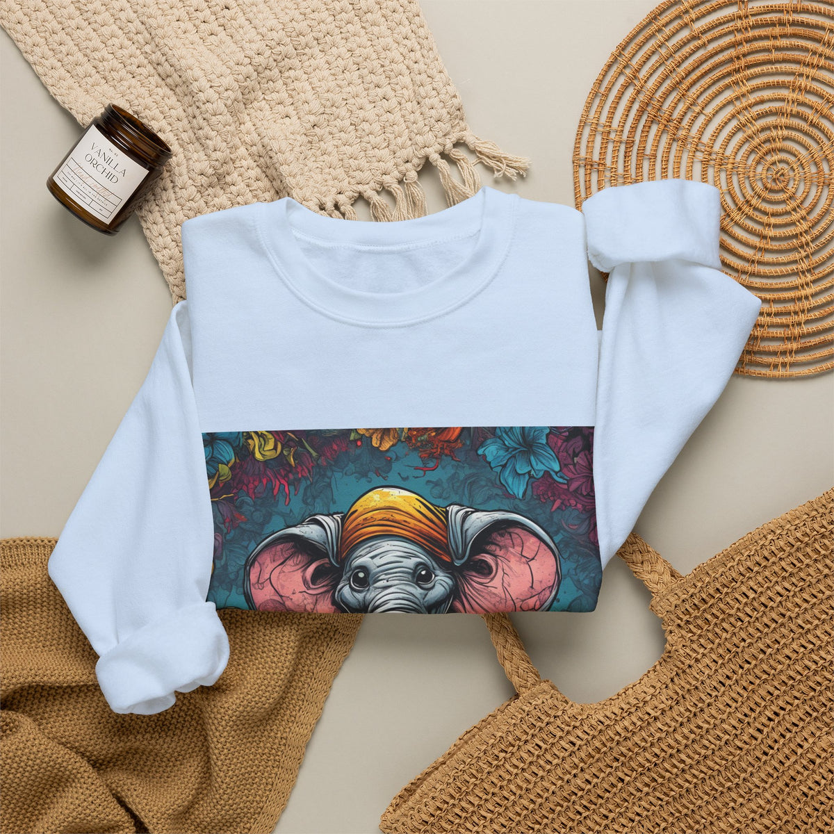 Colorful Storybook Elephant Floral Art Sweatshirt