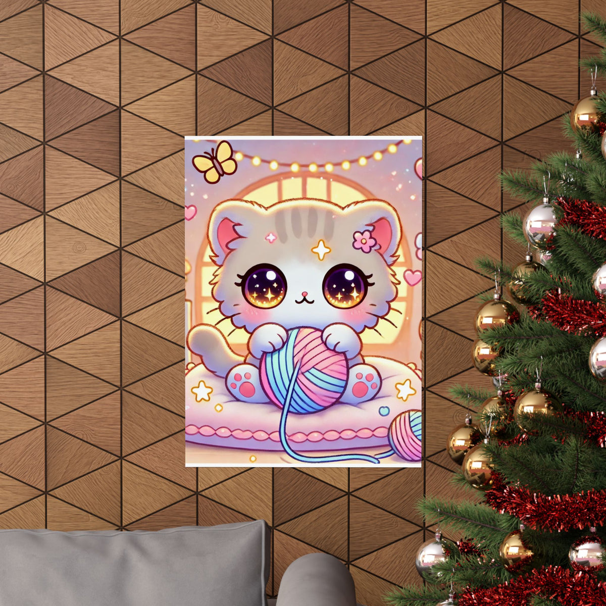 Cozy Kawaii Knitting Cat Pastel Yarn Wall Art Poster