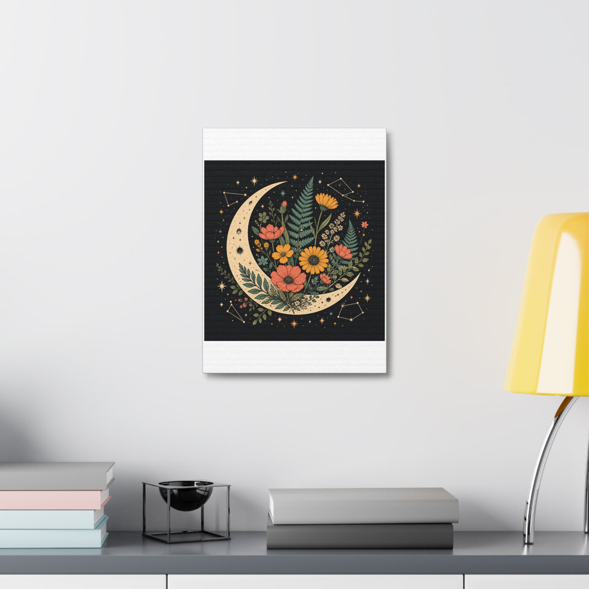 Celestial Wildflower Crescent Moon Botanical Canvas Art