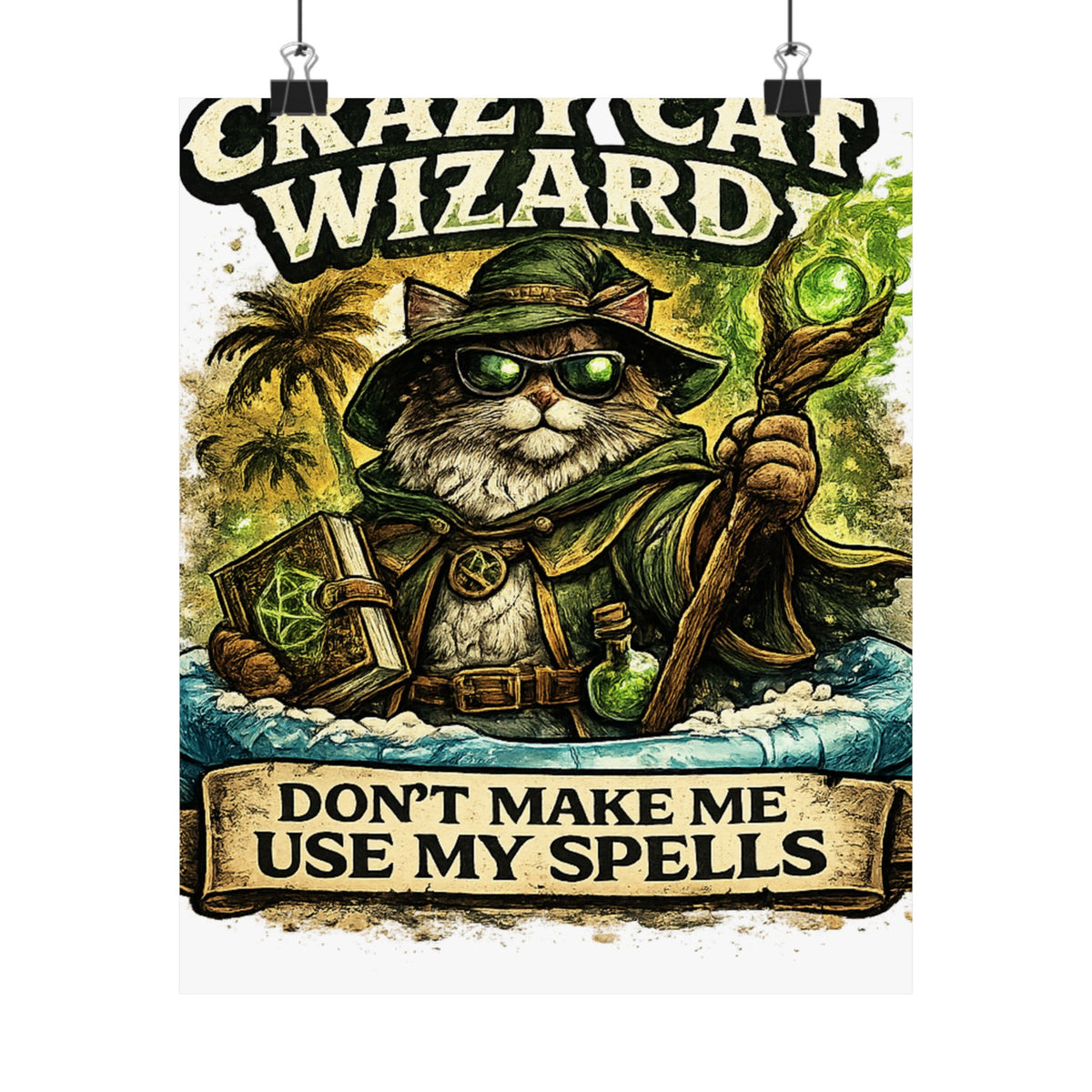 Crazy Cat Wizard Funny Fantasy Magic Art Poster