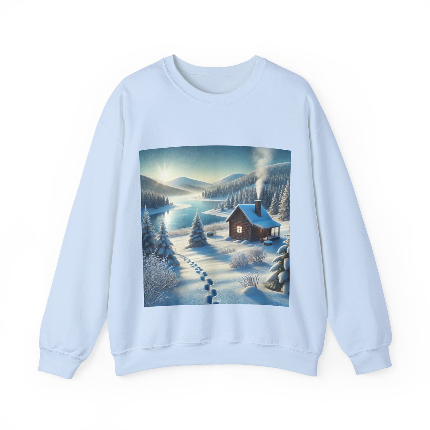 Snowy Cabin Winter Lake Landscape Art Sweatshirt
