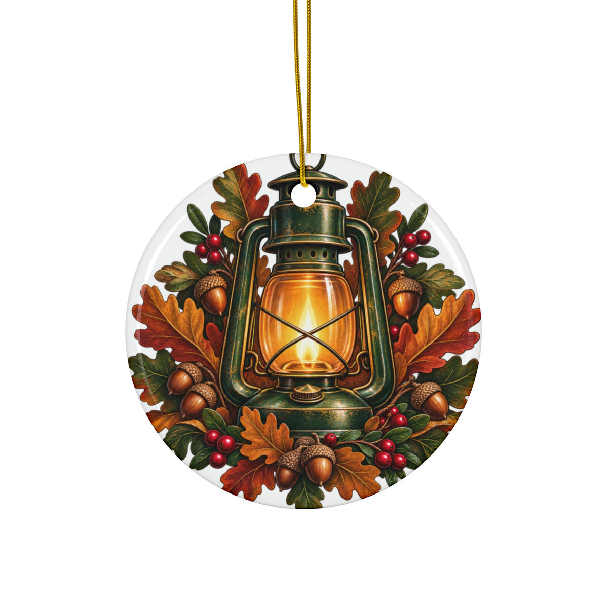 Autumn Oak Lantern and Acorns Round Ornament
