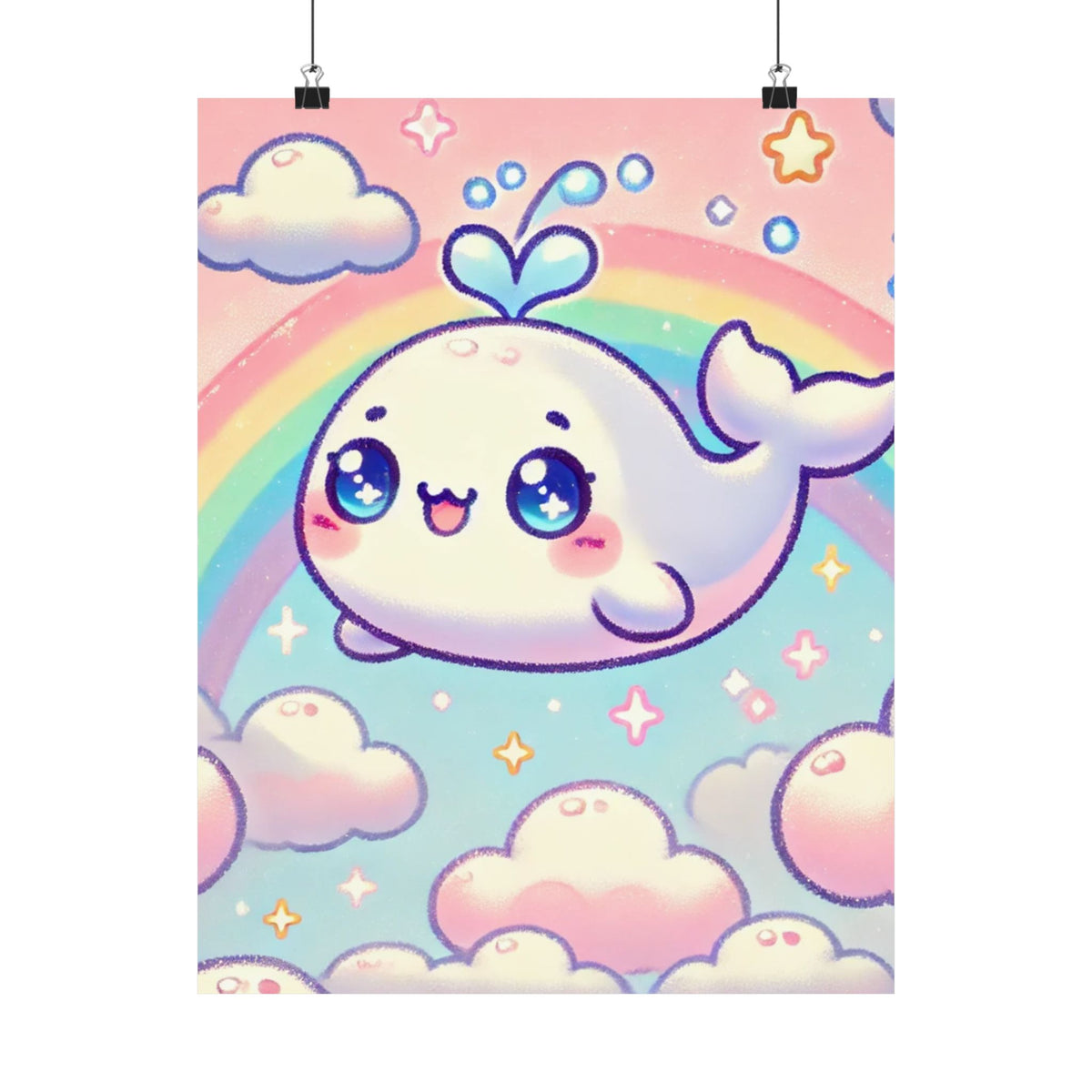 Kawaii Rainbow Whale Pastel Cloud Wall Art Poster