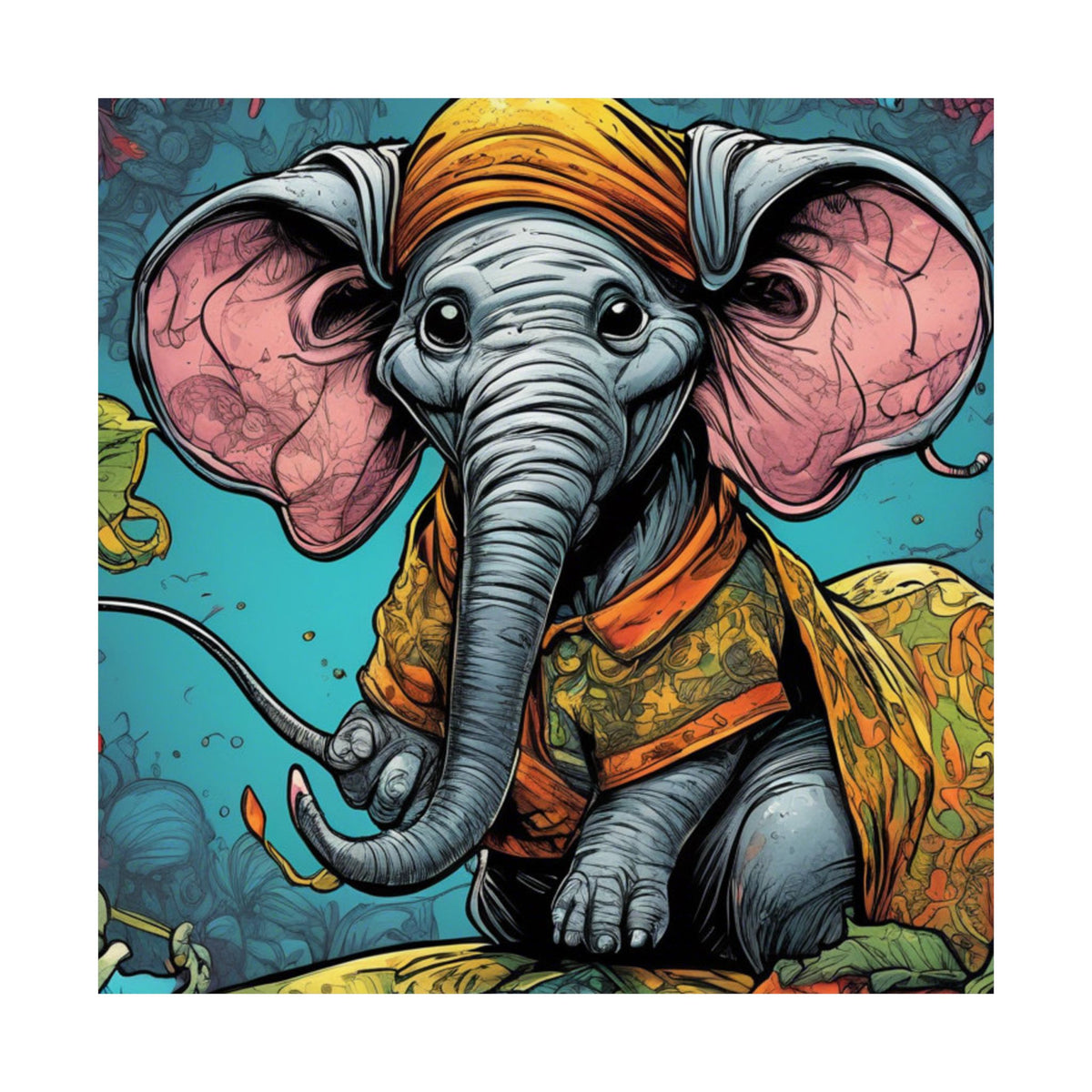 Colorful Storybook Elephant Floral Garden Wall Art Poster