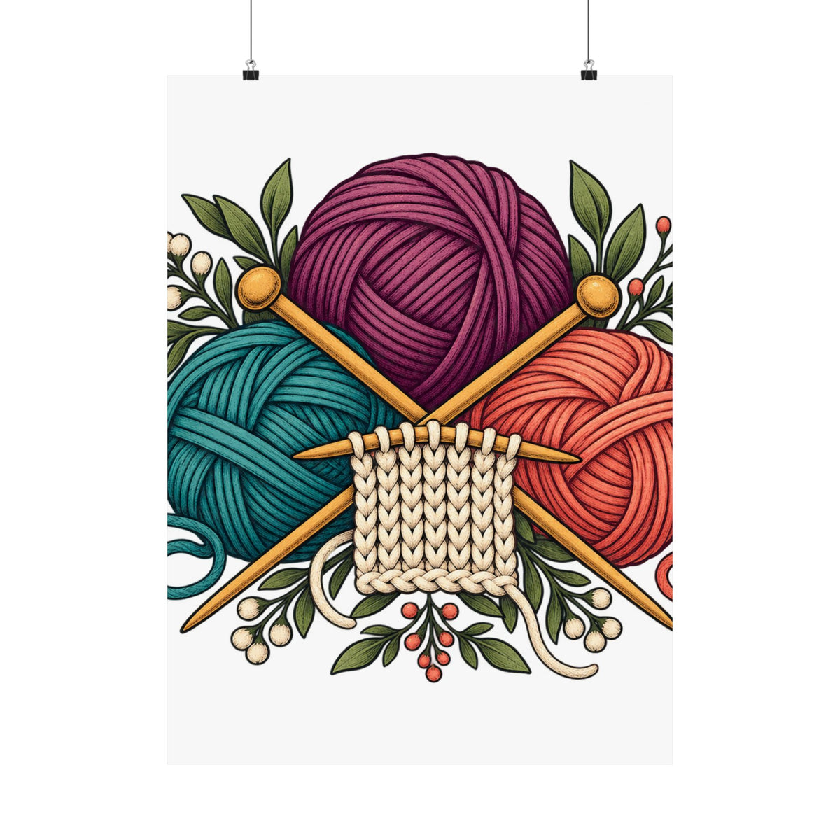 Retro Yarn and Knitting Botanical Art Poster