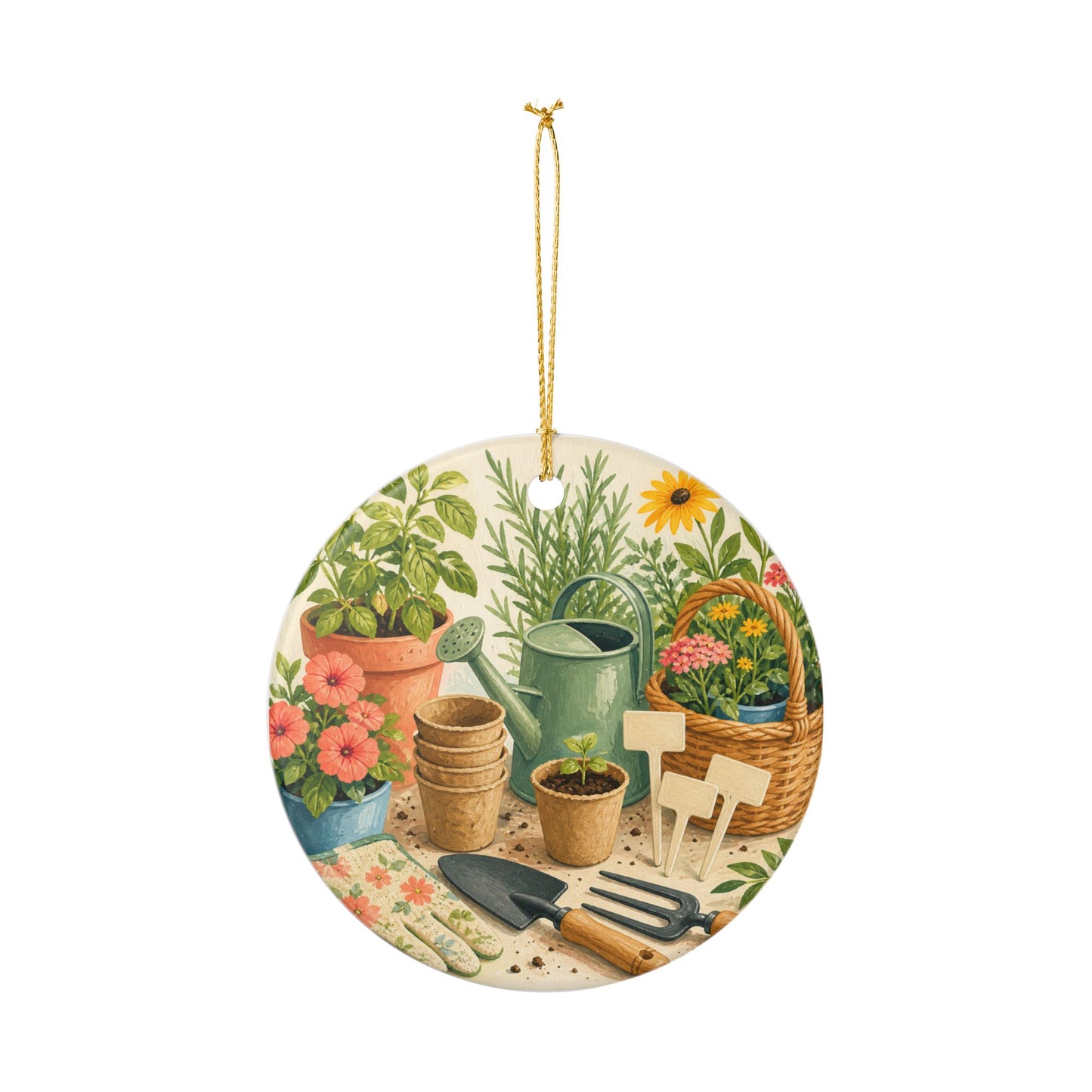 Colorful Gardening Tools and Flowers Hobby Art Ceramic Ornament, Holiday Keepsak