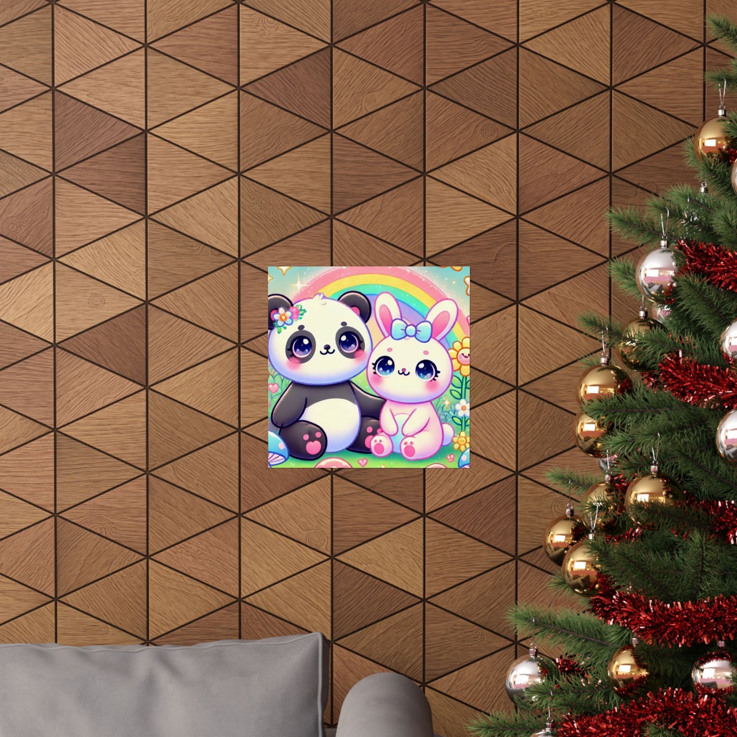 Pastel Panda and Bunny Rainbow Garden Wall Art Poster