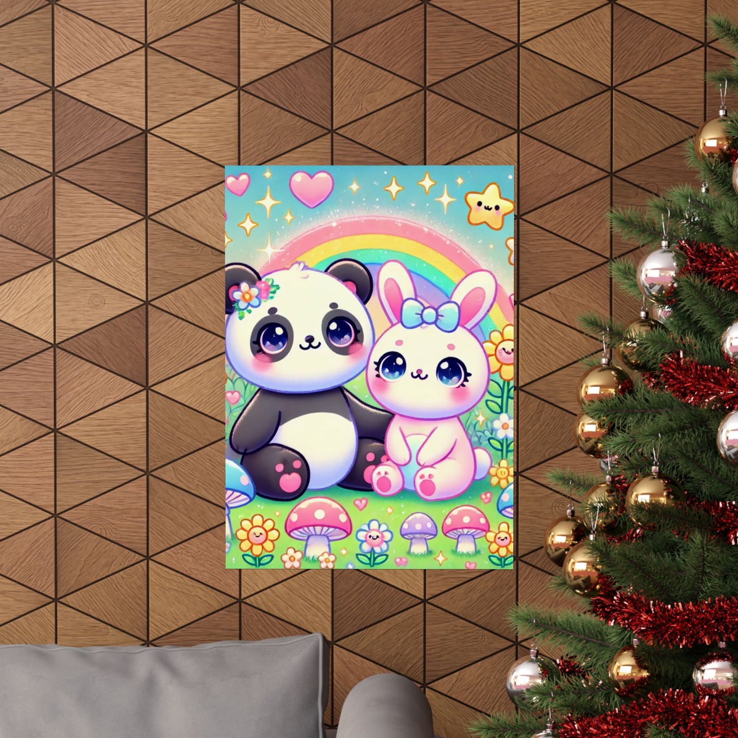 Pastel Panda and Bunny Rainbow Garden Wall Art Poster