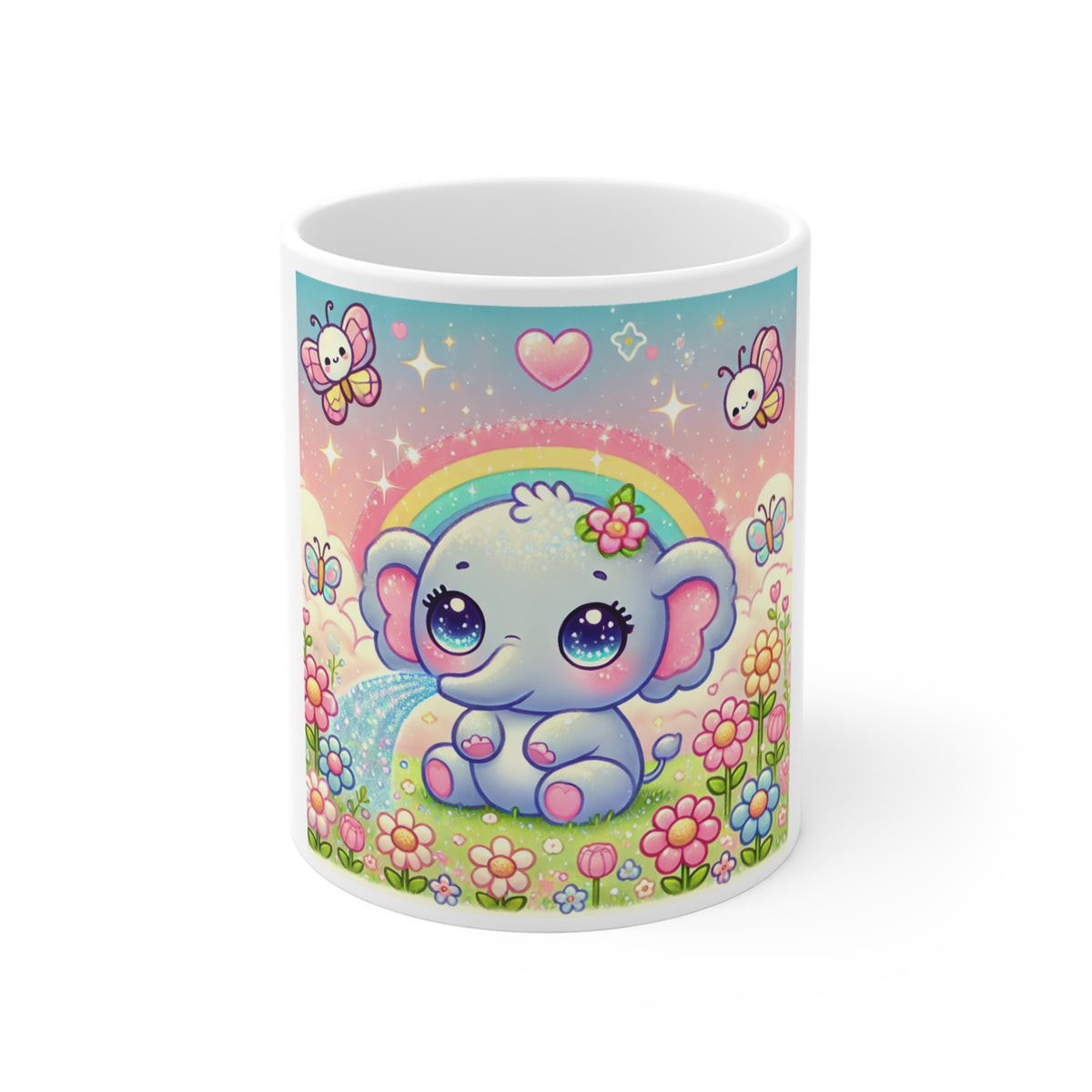 Pastel Rainbow Baby Elephant Floral Coffee Mug