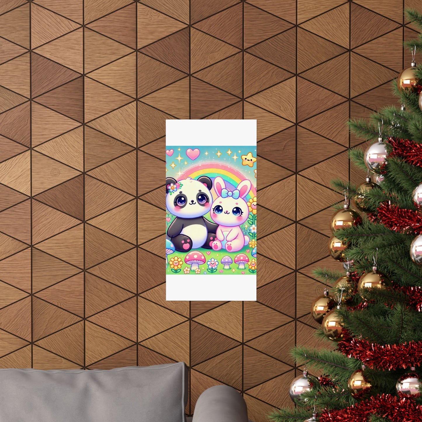 Pastel Panda and Bunny Rainbow Garden Wall Art Poster