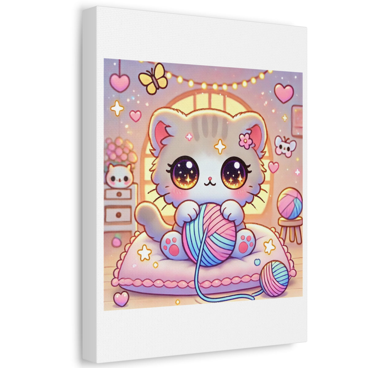 Cozy Kawaii Knitting Cat Pastel Yarn Canvas Wall Art